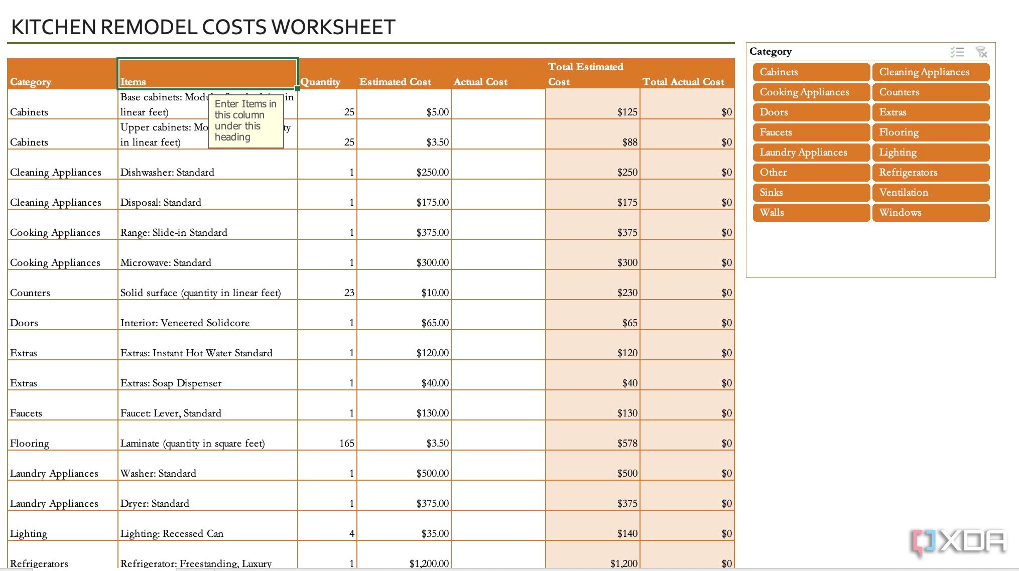 Planificación de remodelación en Microsoft Excel