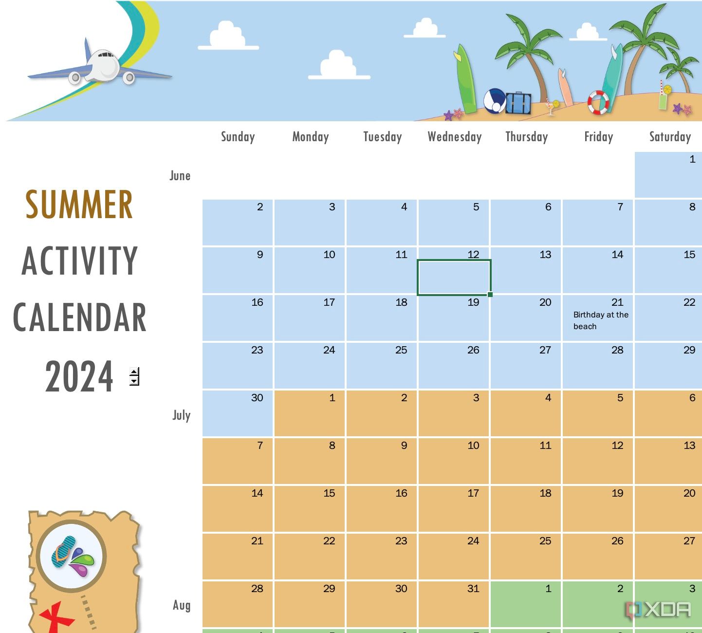 Calendario de actividades de verano en Microsoft Excel