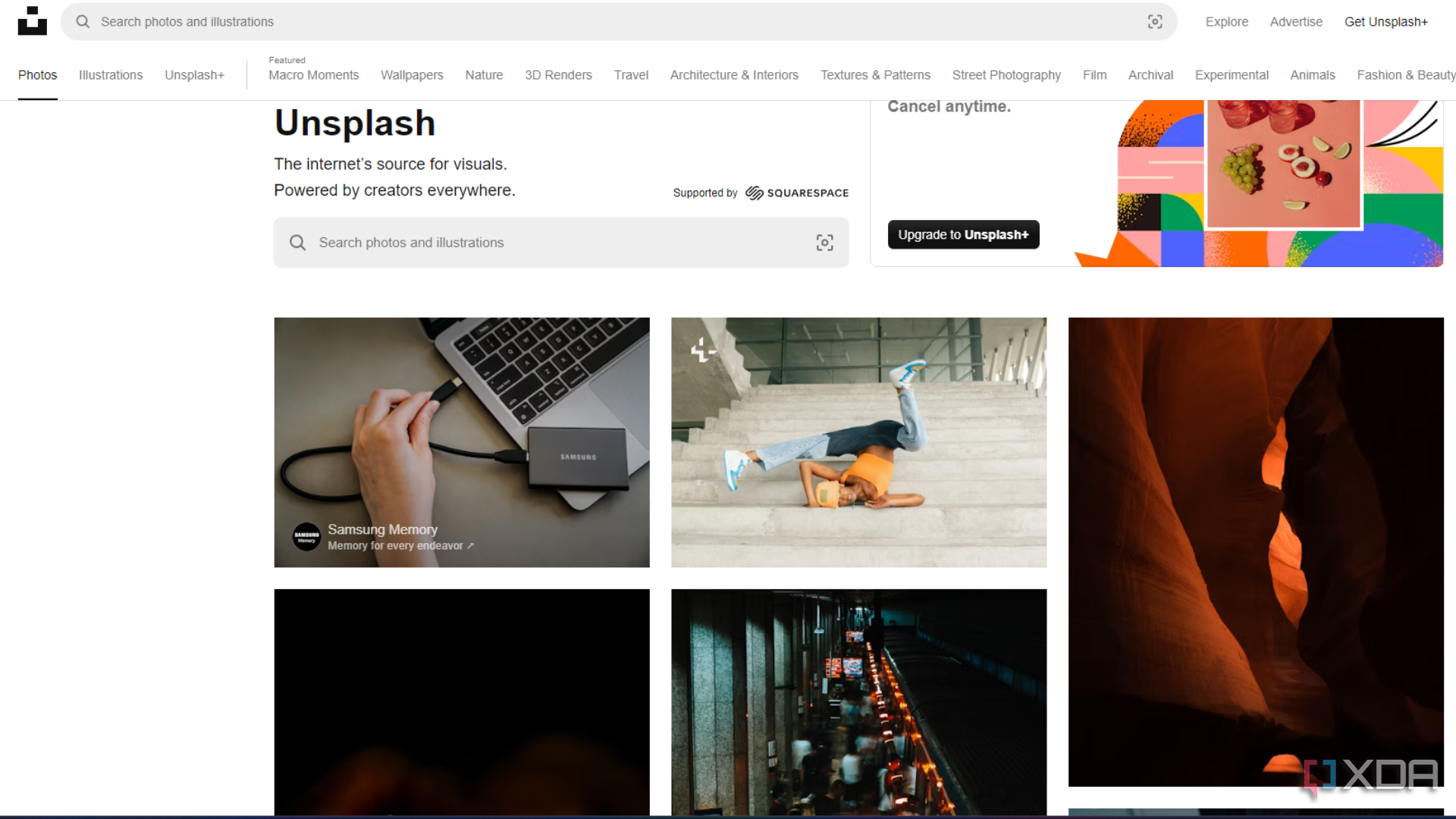 The home page of the Unsplash website