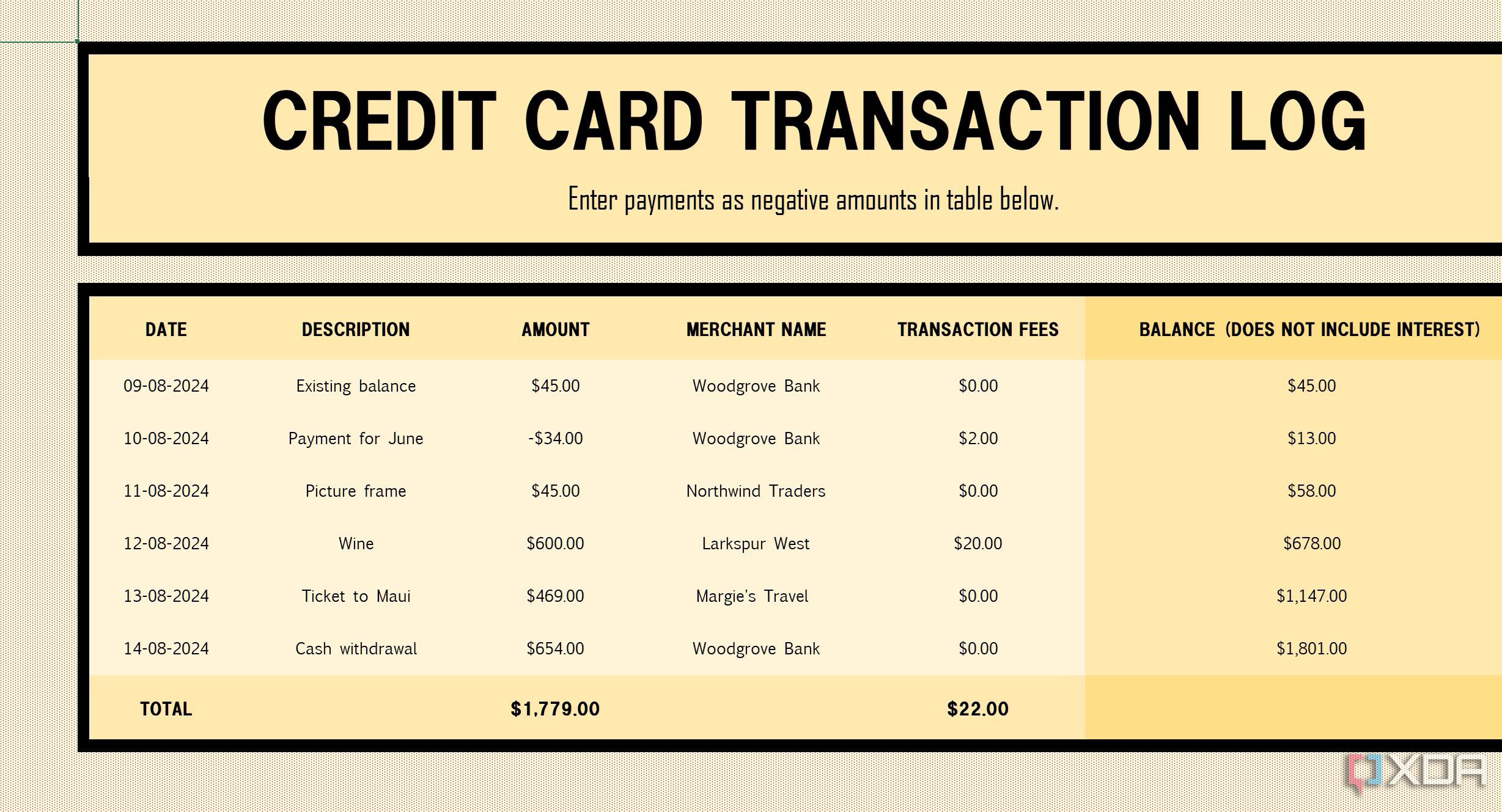 Credit card log Excel template