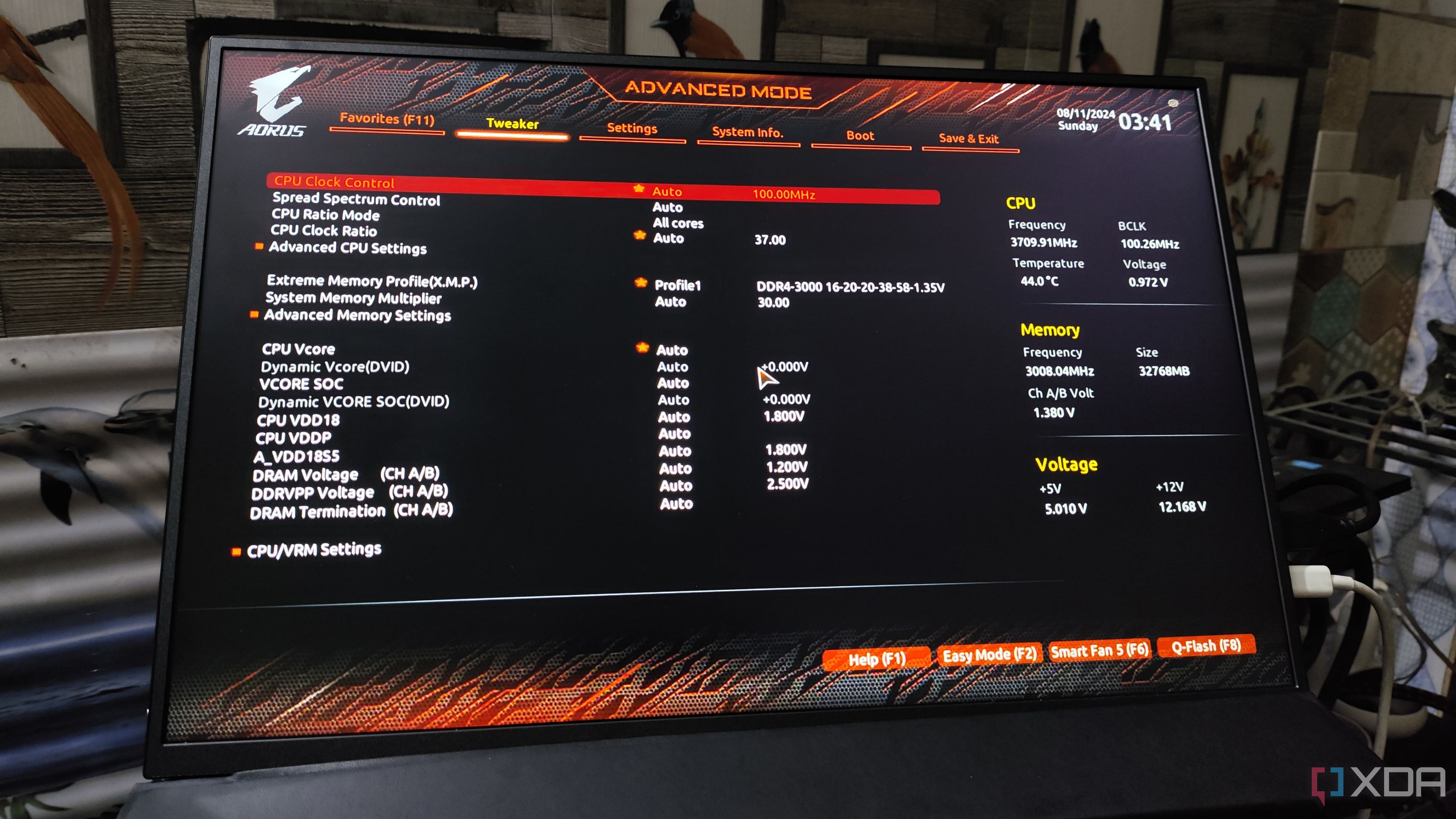 The CPU and memory overclock settings in Gigabyte BIOS