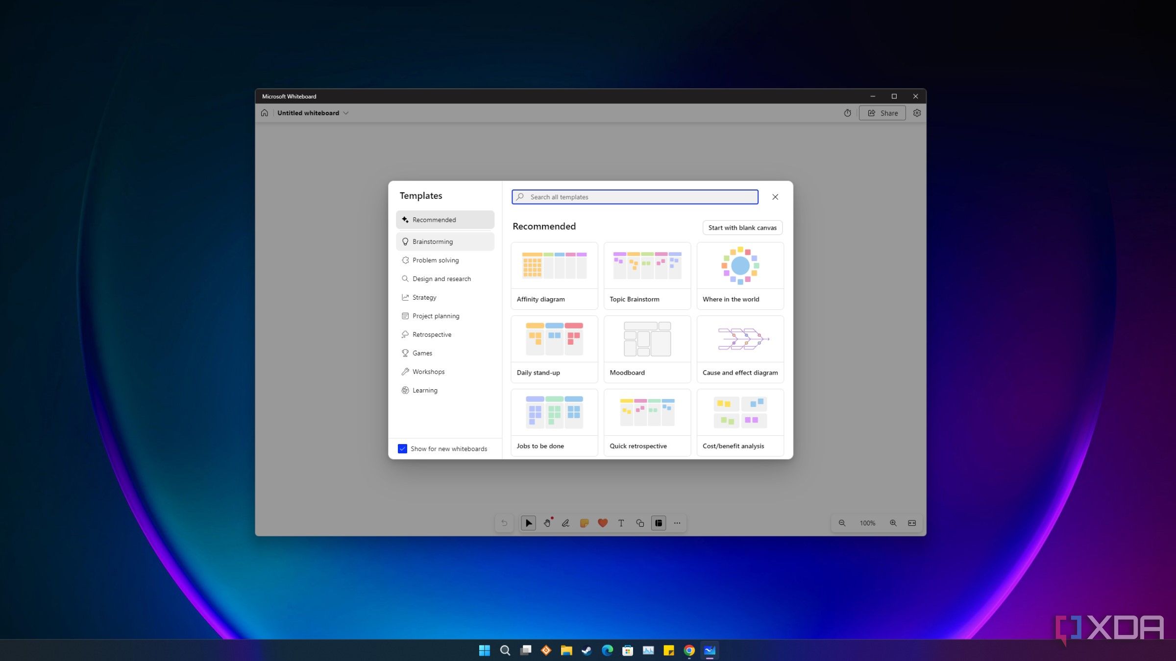 Captura de pantalla de Microsoft Whiteboard que muestra las plantillas sugeridas