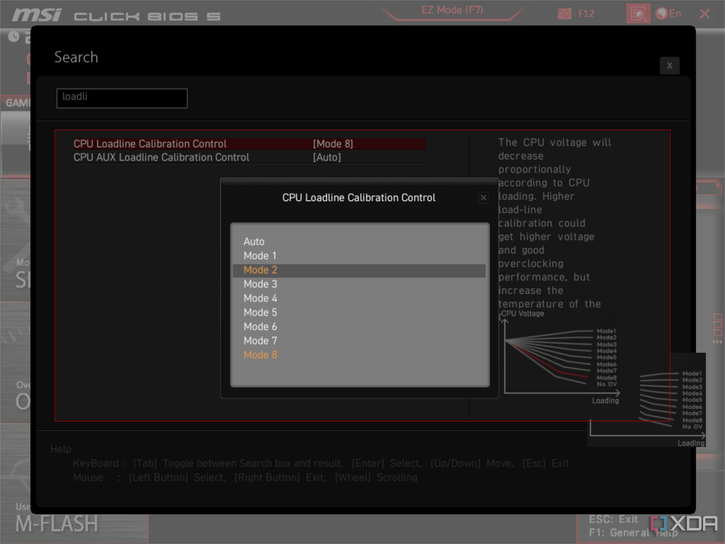 Captura de pantalla del BIOS de MSI que muestra la configuración de calibración de la línea de carga