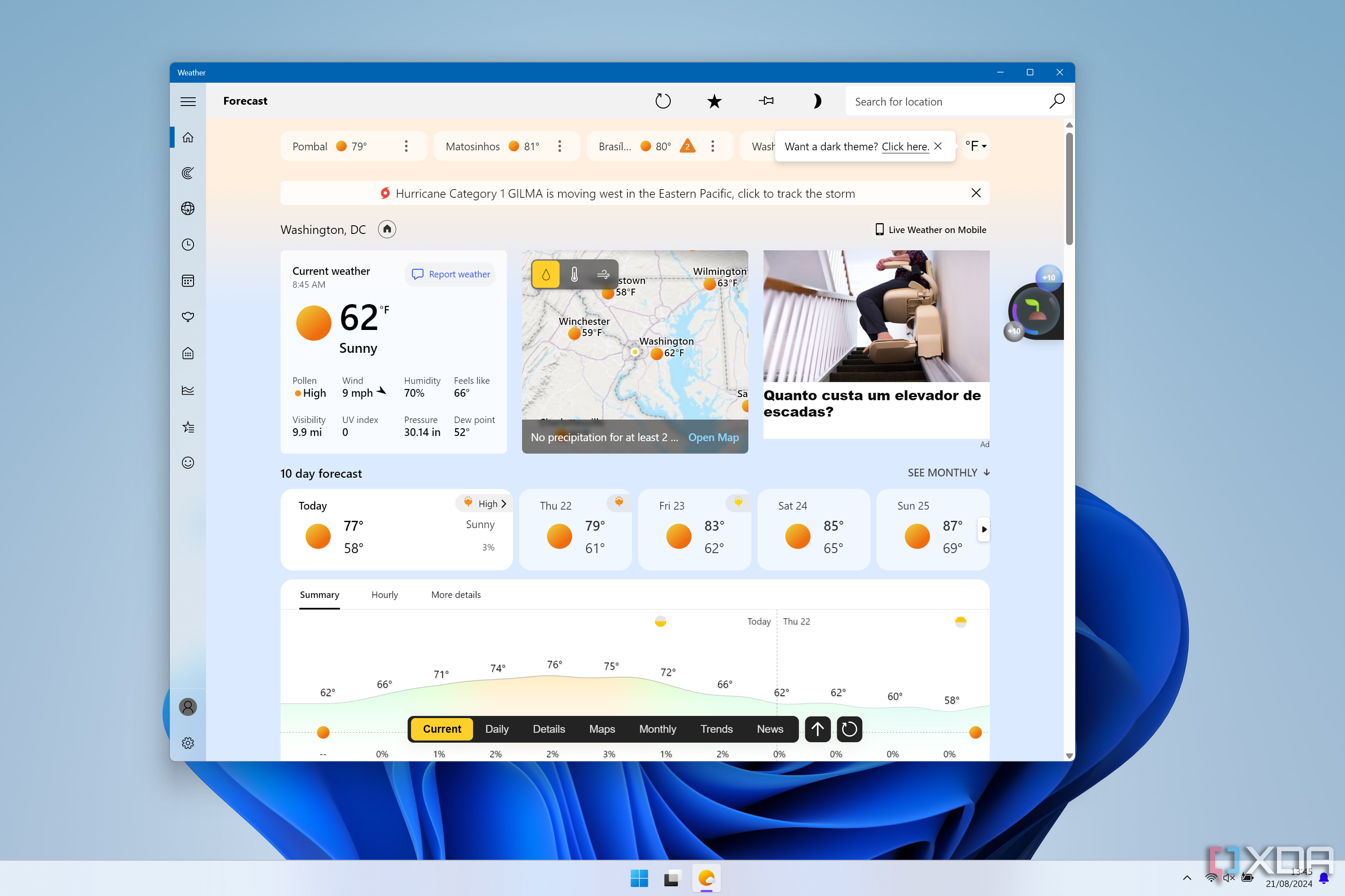 Captura de pantalla de Windows 11 ejecutando la aplicación Weather incluida