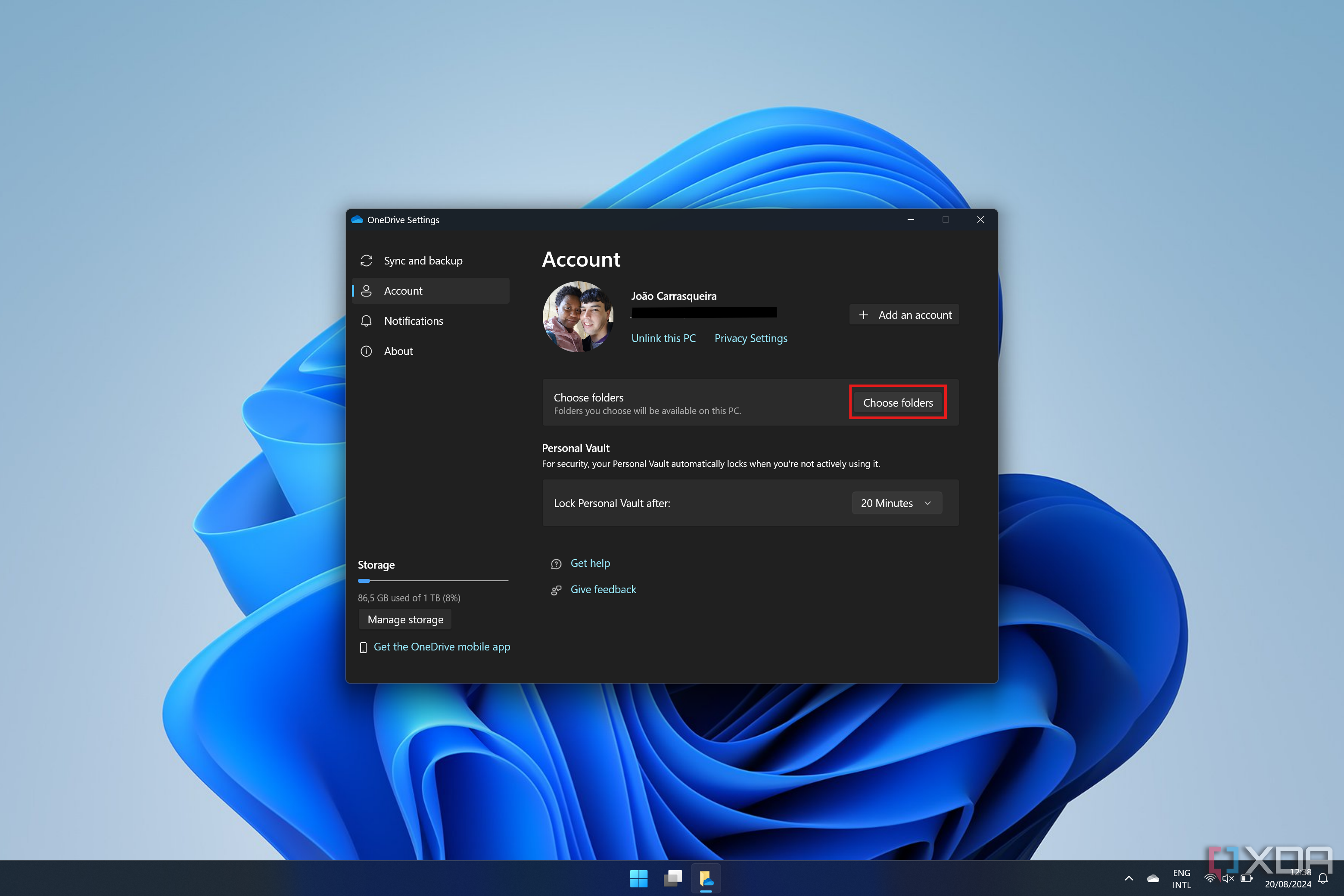 Captura de pantalla de la configuración de la cuenta de OneDrive en Windows