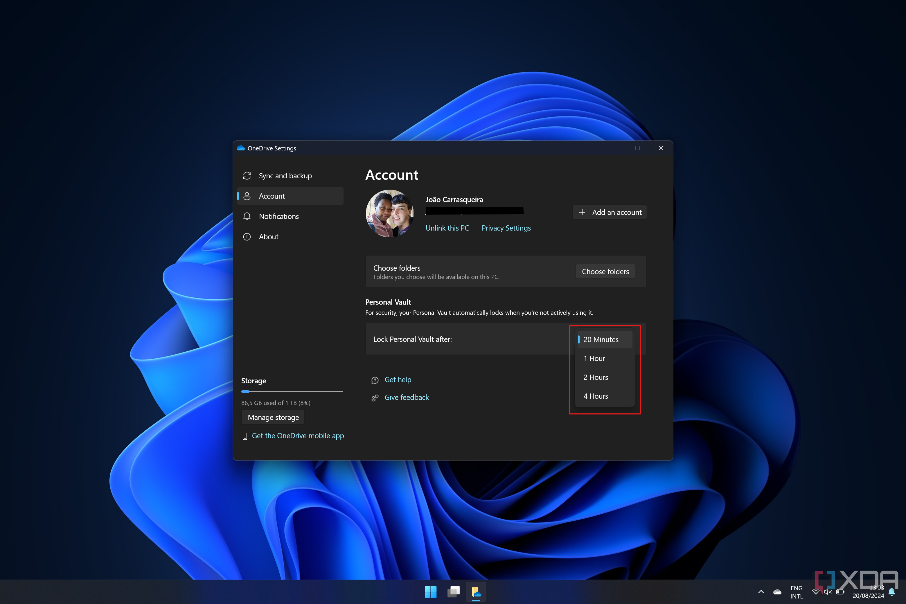 Captura de pantalla de la configuración de OneDrive que muestra las opciones del temporizador para que Personal Vault se bloquee automáticamente