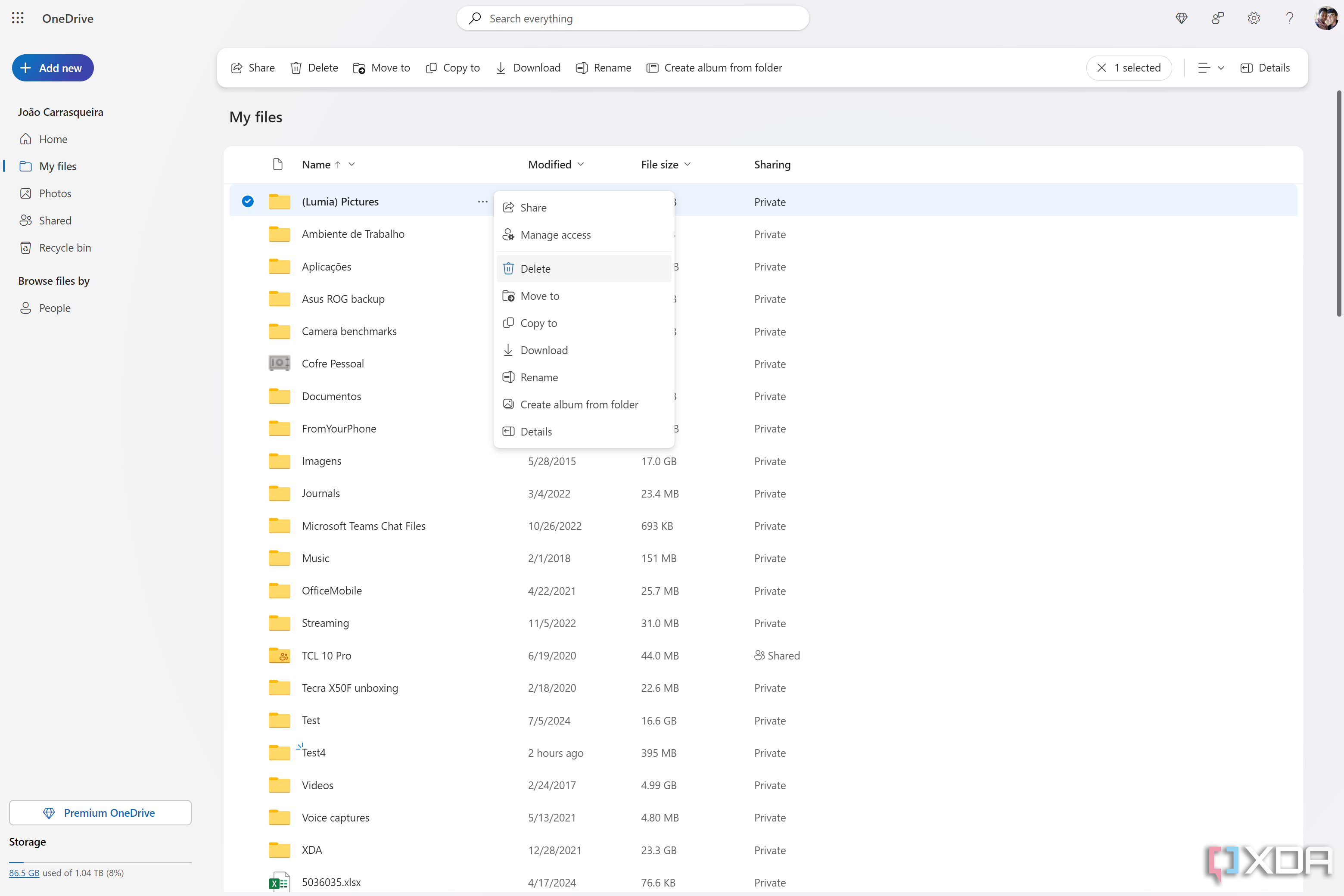 Captura de pantalla de OneDrive en la web que muestra los archivos del usuario