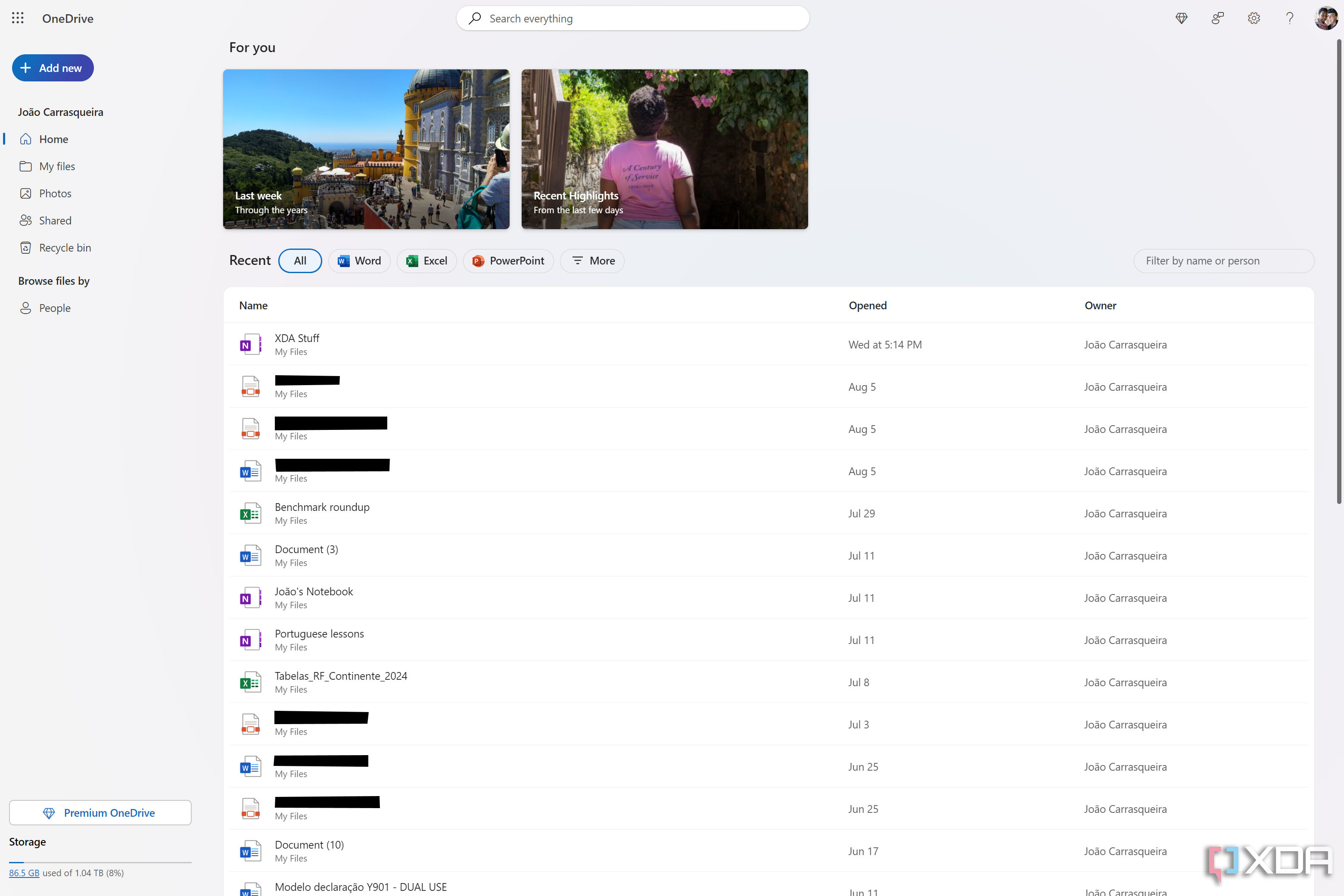 Captura de pantalla de la página de inicio de OneDrive en la web