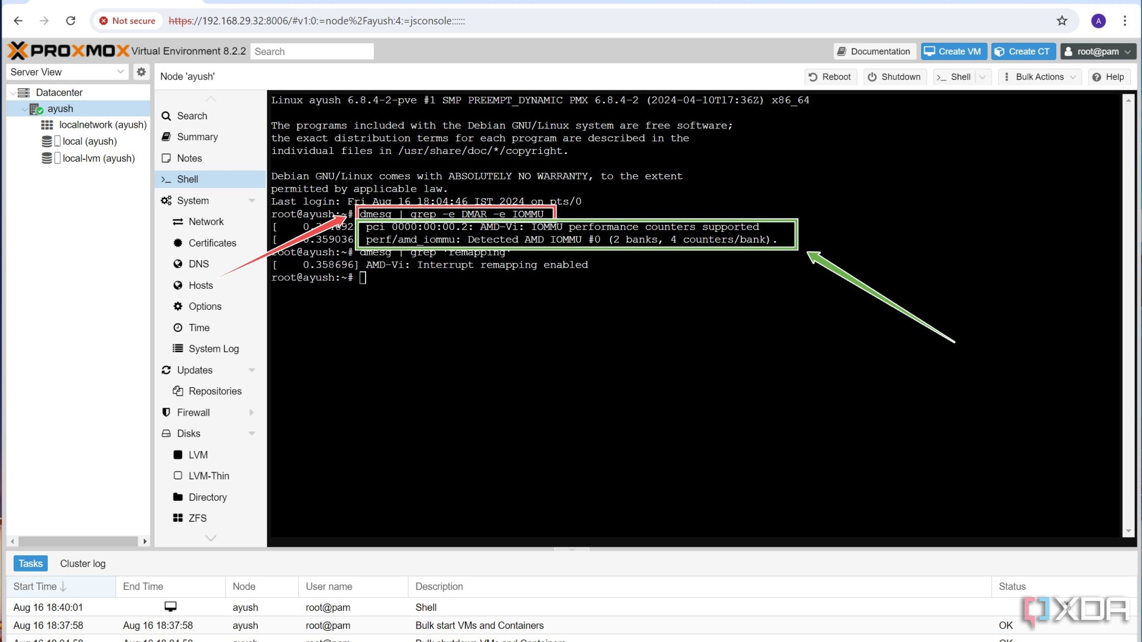 El comando para verificar si IOMMU está funcionando en la interfaz web de Proxmox