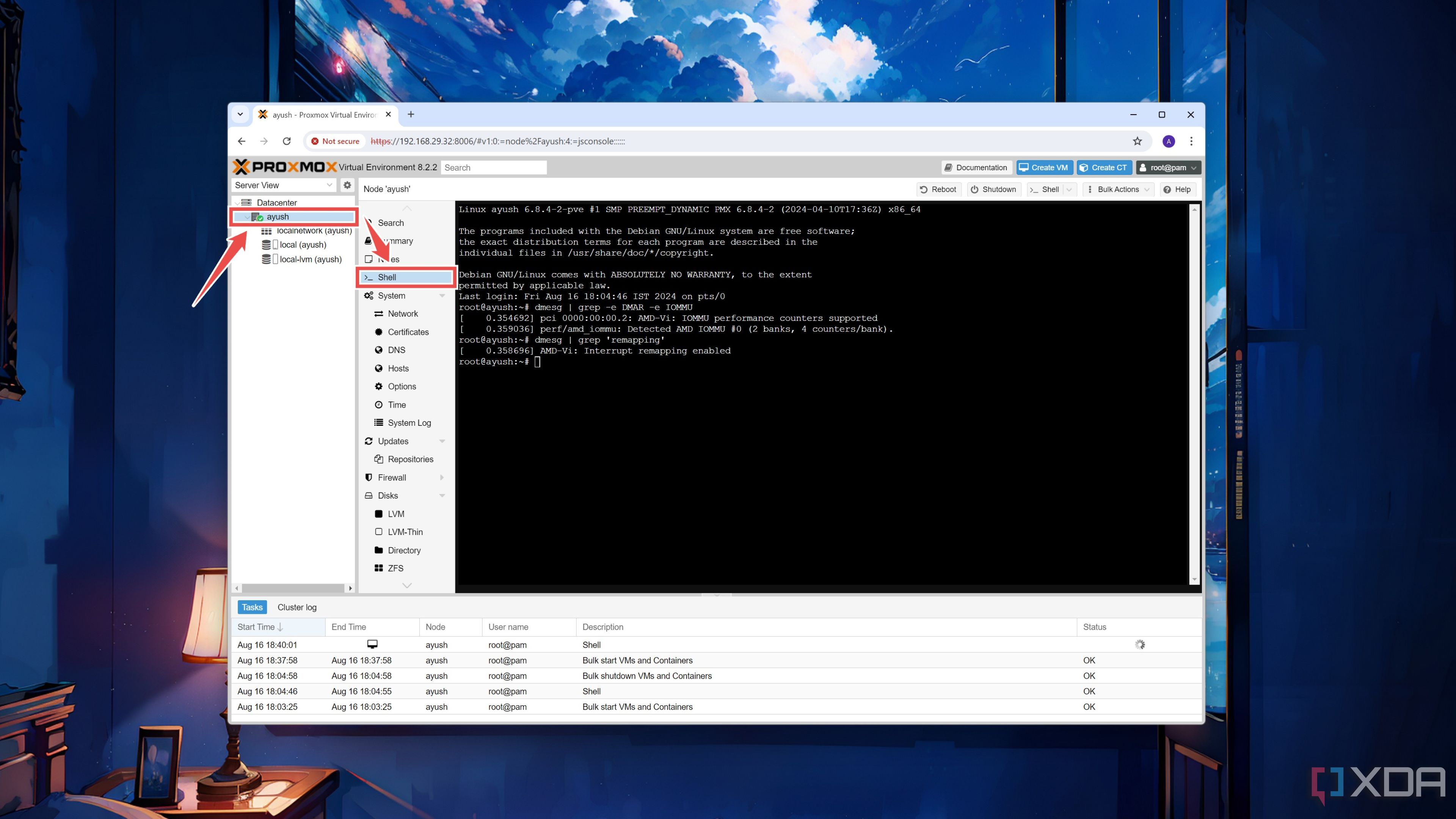 Opening the Shell of a node inside the Proxmox web UI