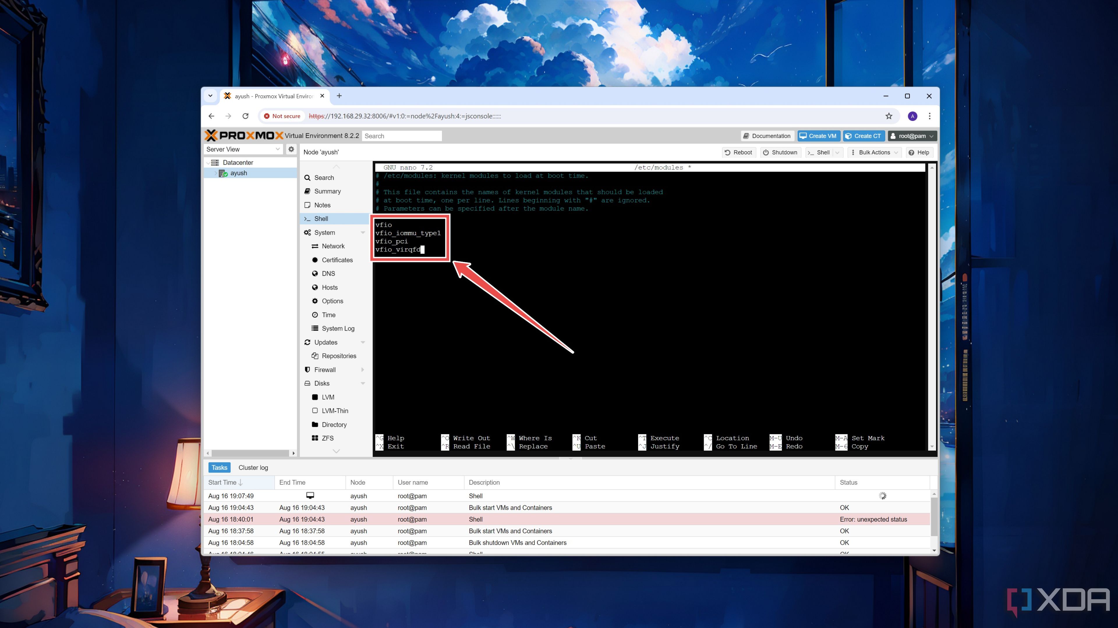 Adding the vfio variables inside the modules file the Proxmox web UI