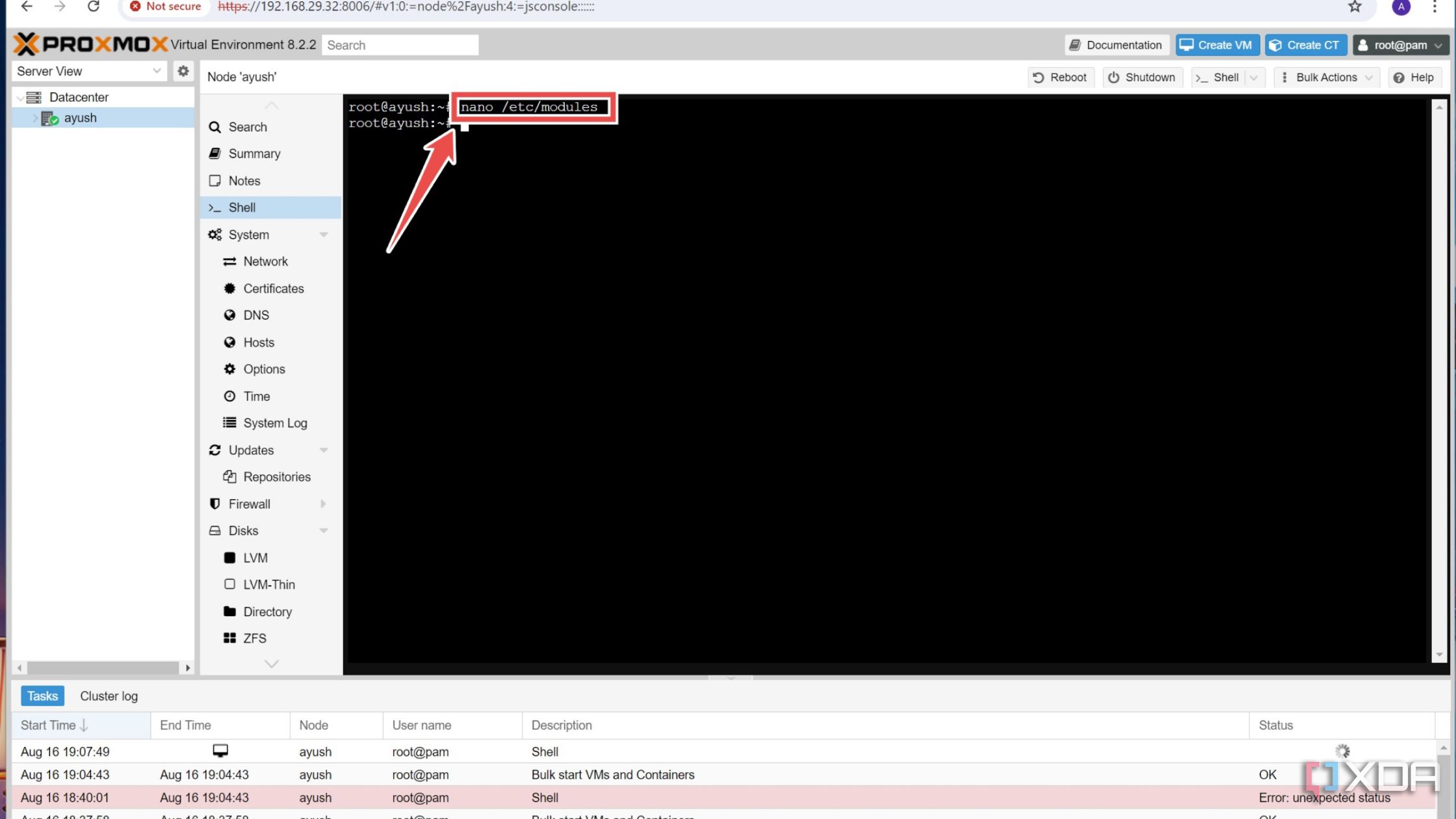 The command to open the blacklist.conf file in the Proxmox web UI