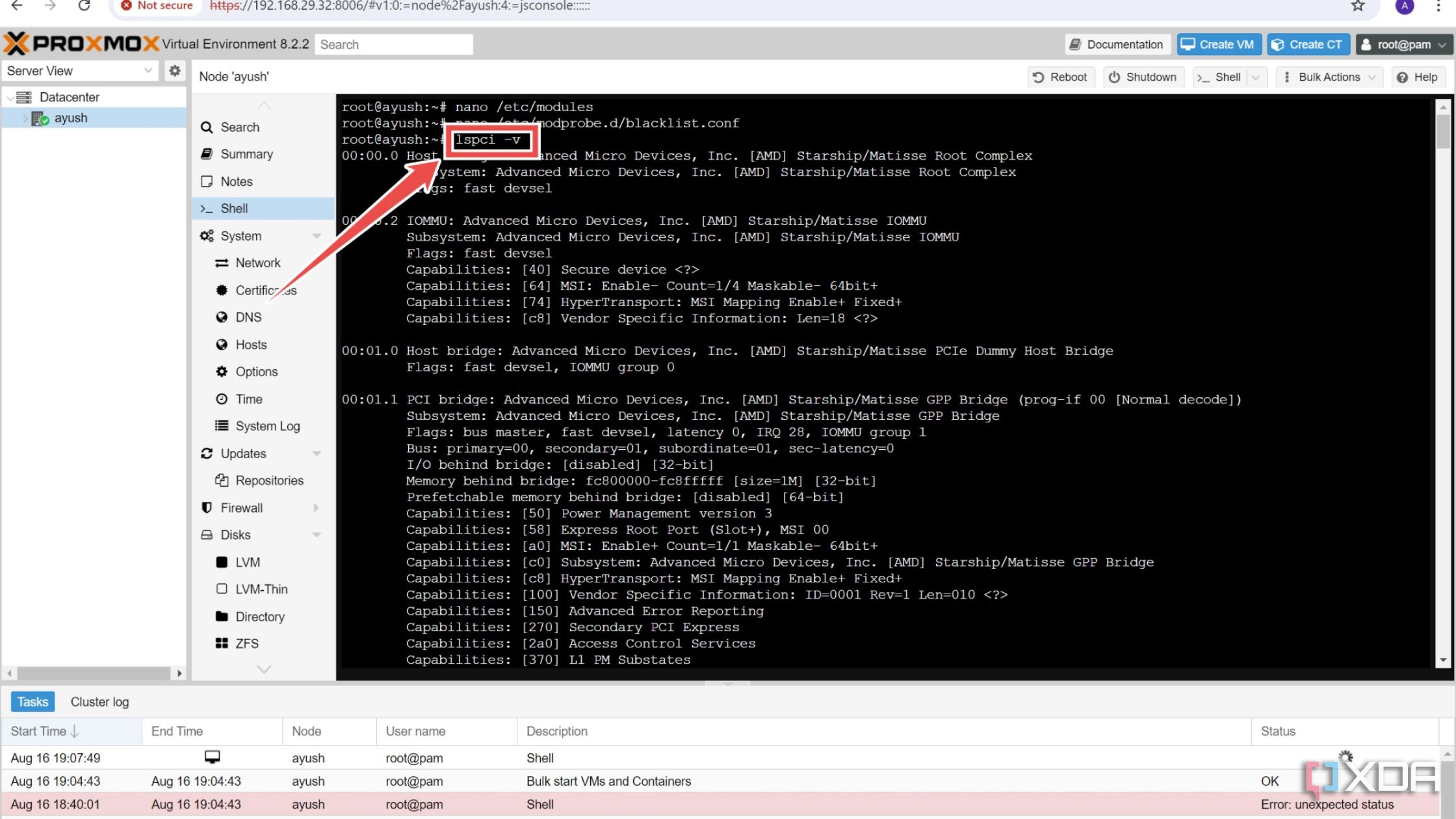 Ejecución del comando lspci dentro de la interfaz web de Proxmox