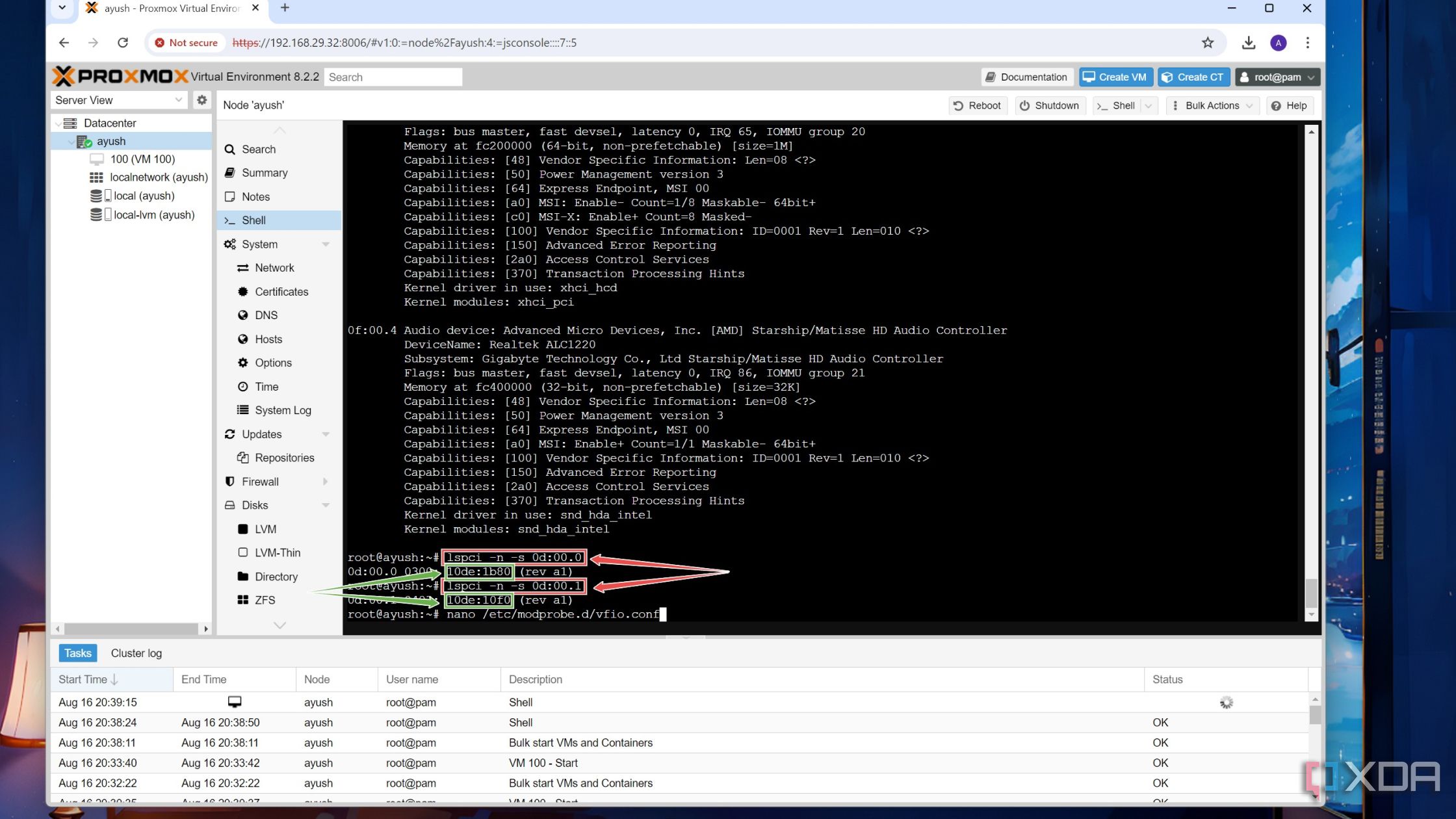 Cómo encontrar los identificadores de proveedor y dispositivo de los dispositivos PCIe en la interfaz web de Proxmox