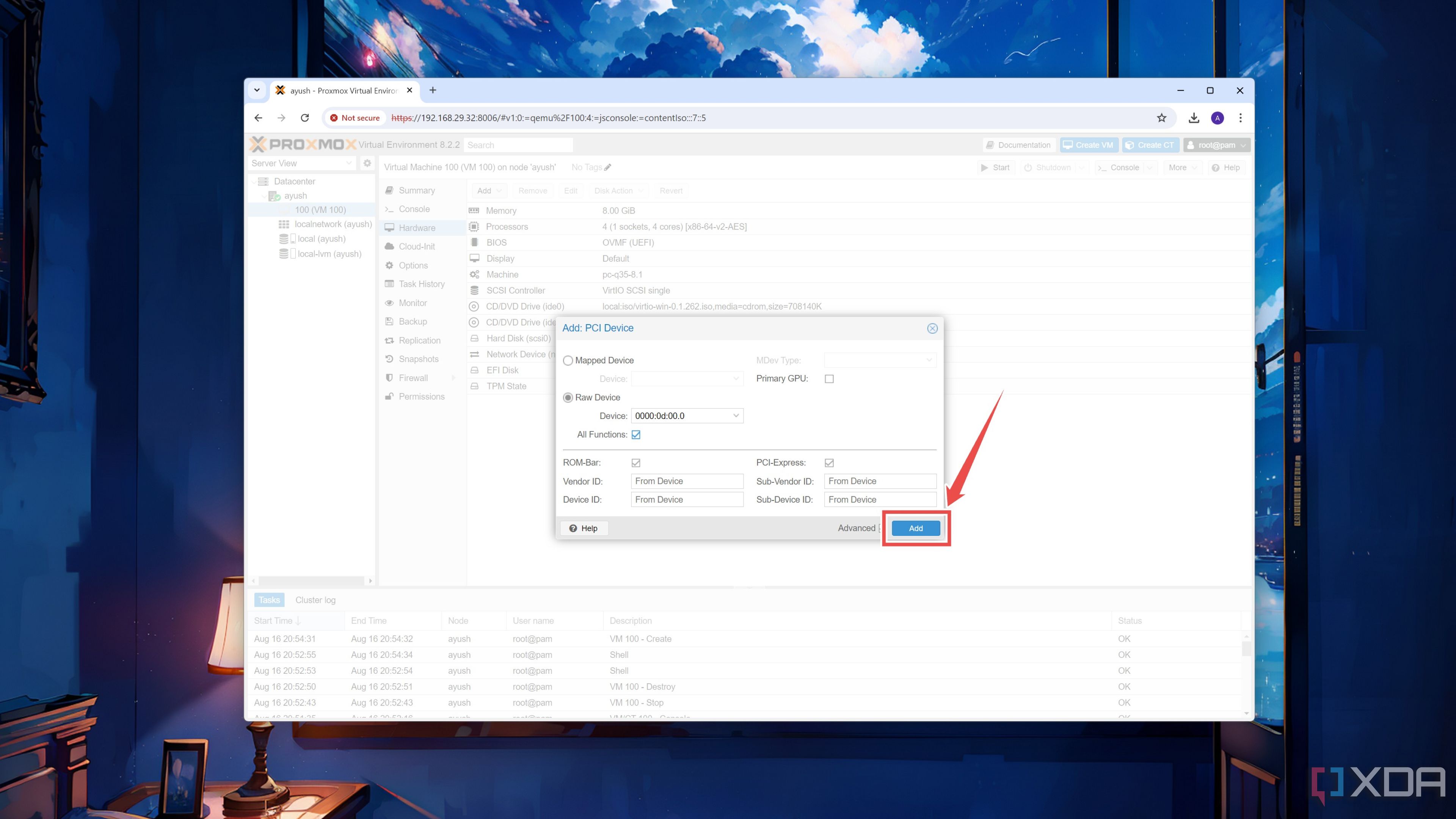 Habilitación de un dispositivo PCI en una máquina virtual en la interfaz web de Proxmox