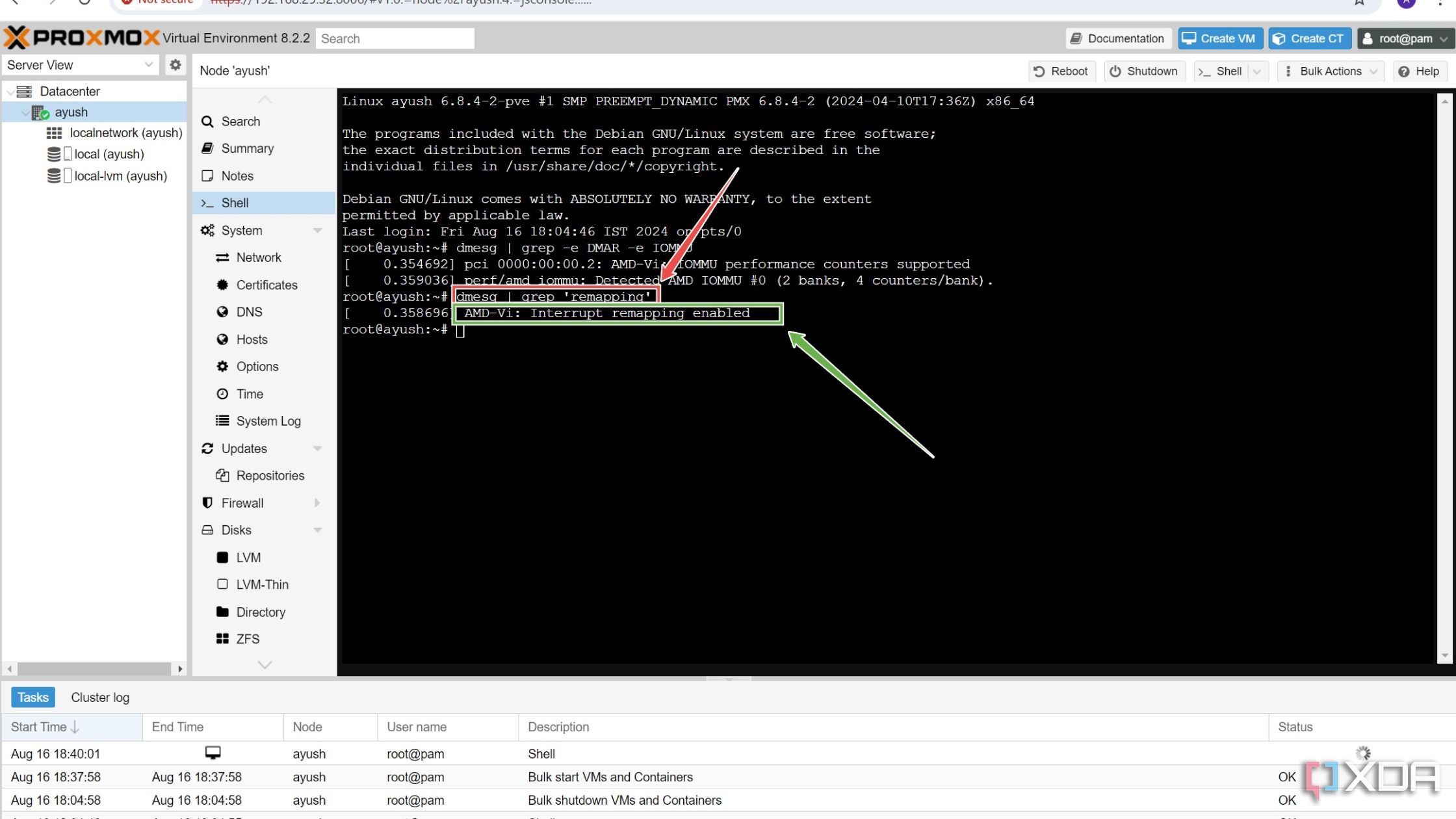 El comando para verificar si la reasignación de interrupciones de IOMMU funciona en la interfaz de usuario web de Proxmox