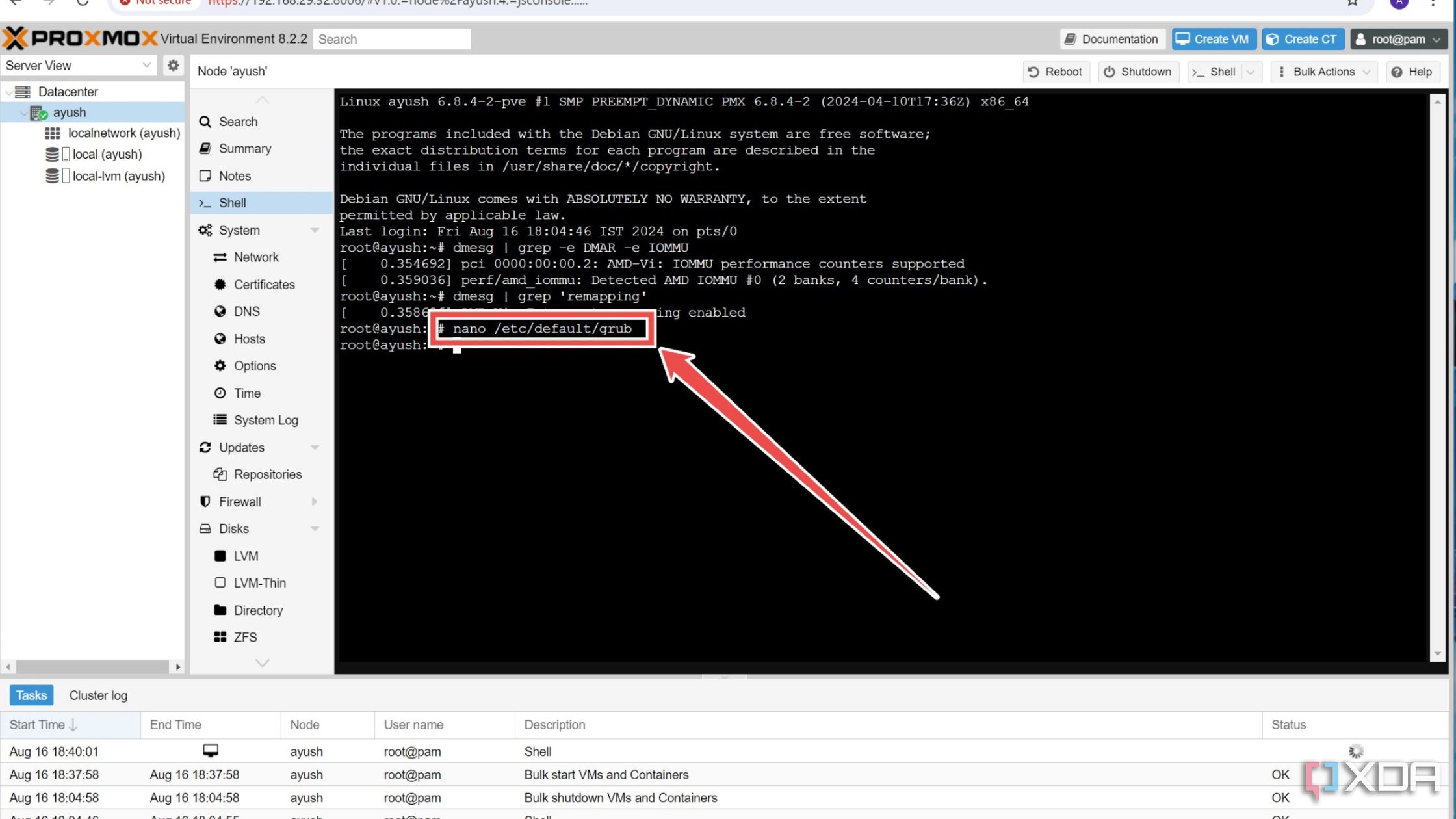 The command to open the GRUB bootloader config file in the Proxmox web UI