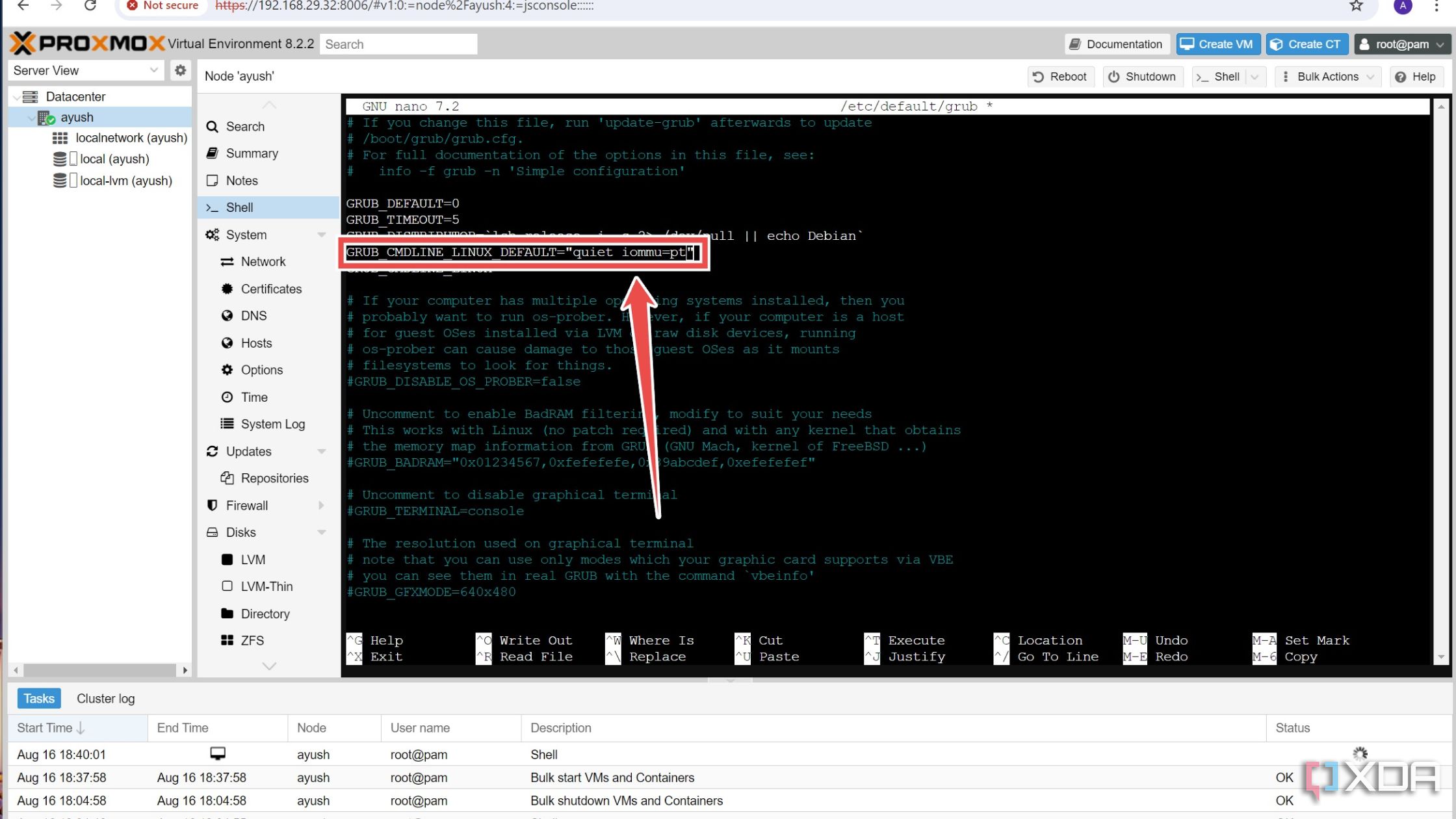 Agregar el parámetro iommu=pt dentro del archivo de configuración del cargador de arranque GRUB en la interfaz web de Proxmox