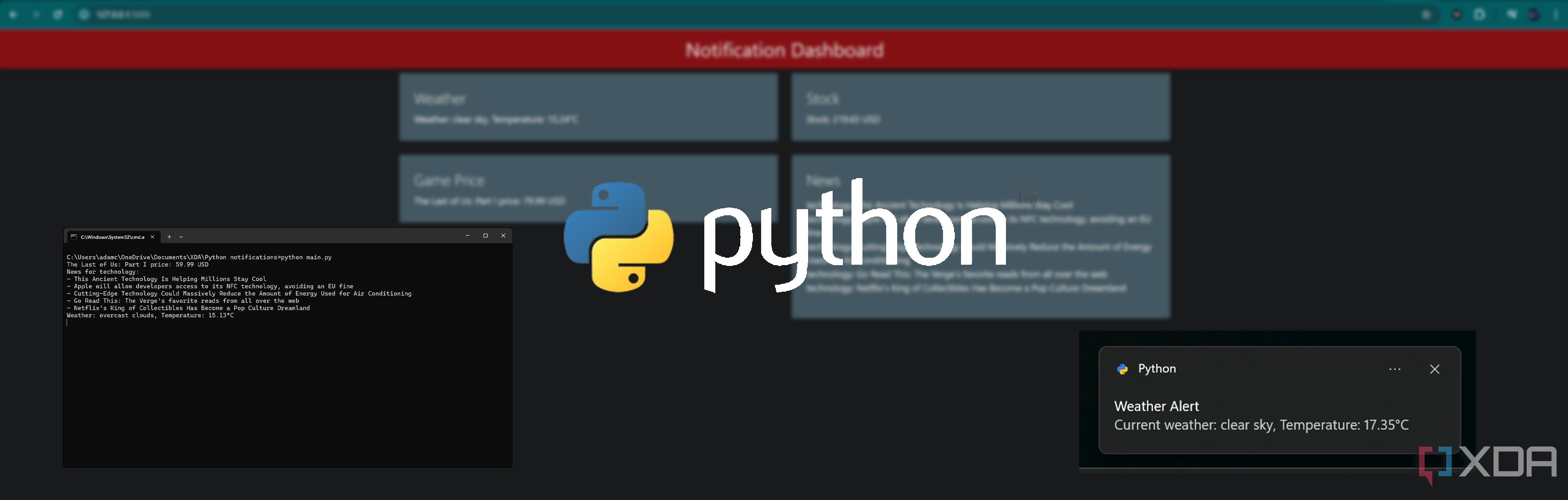 Python notification dashboard with a Windows notification, a terminal and a Python logo