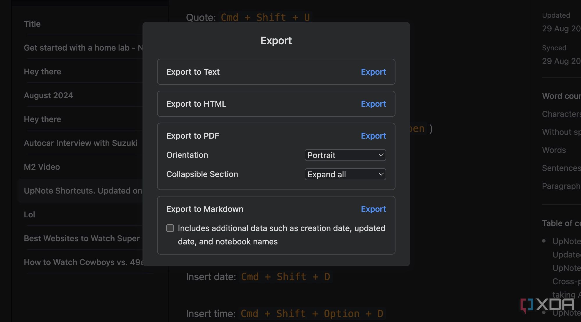 Opciones de exportación de UpNote