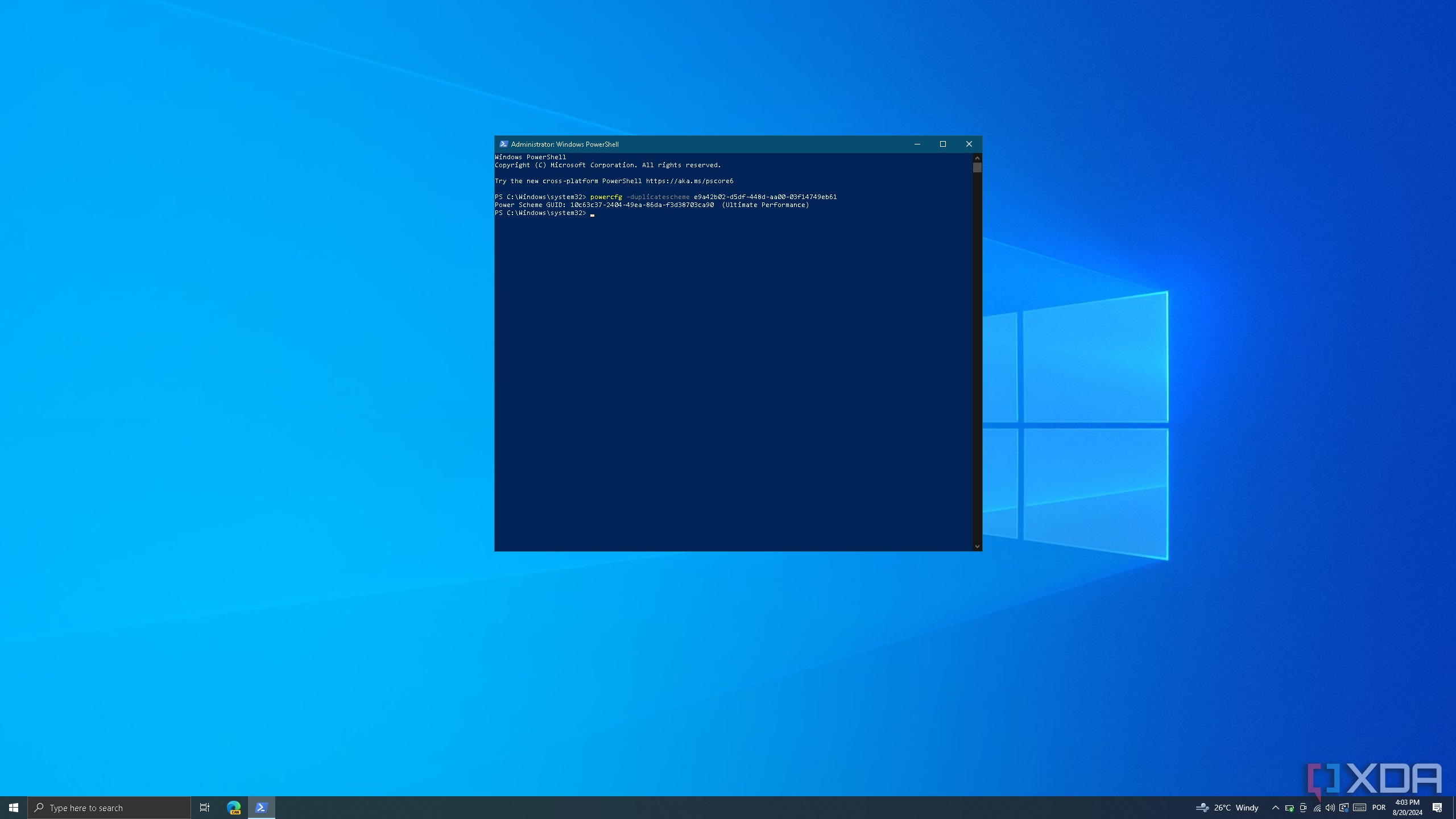 Captura de pantalla de Windows PowerShell en Windows 10 ejecutando un comando para habilitar el modo de máximo rendimiento