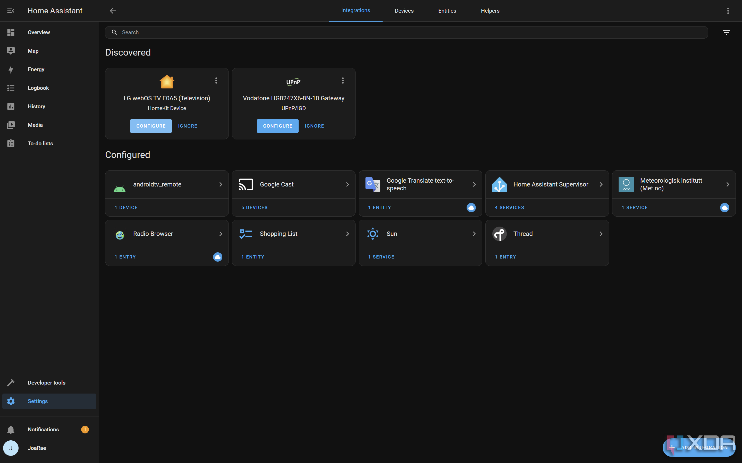 Captura de pantalla de la configuración de integración de Home Assistant