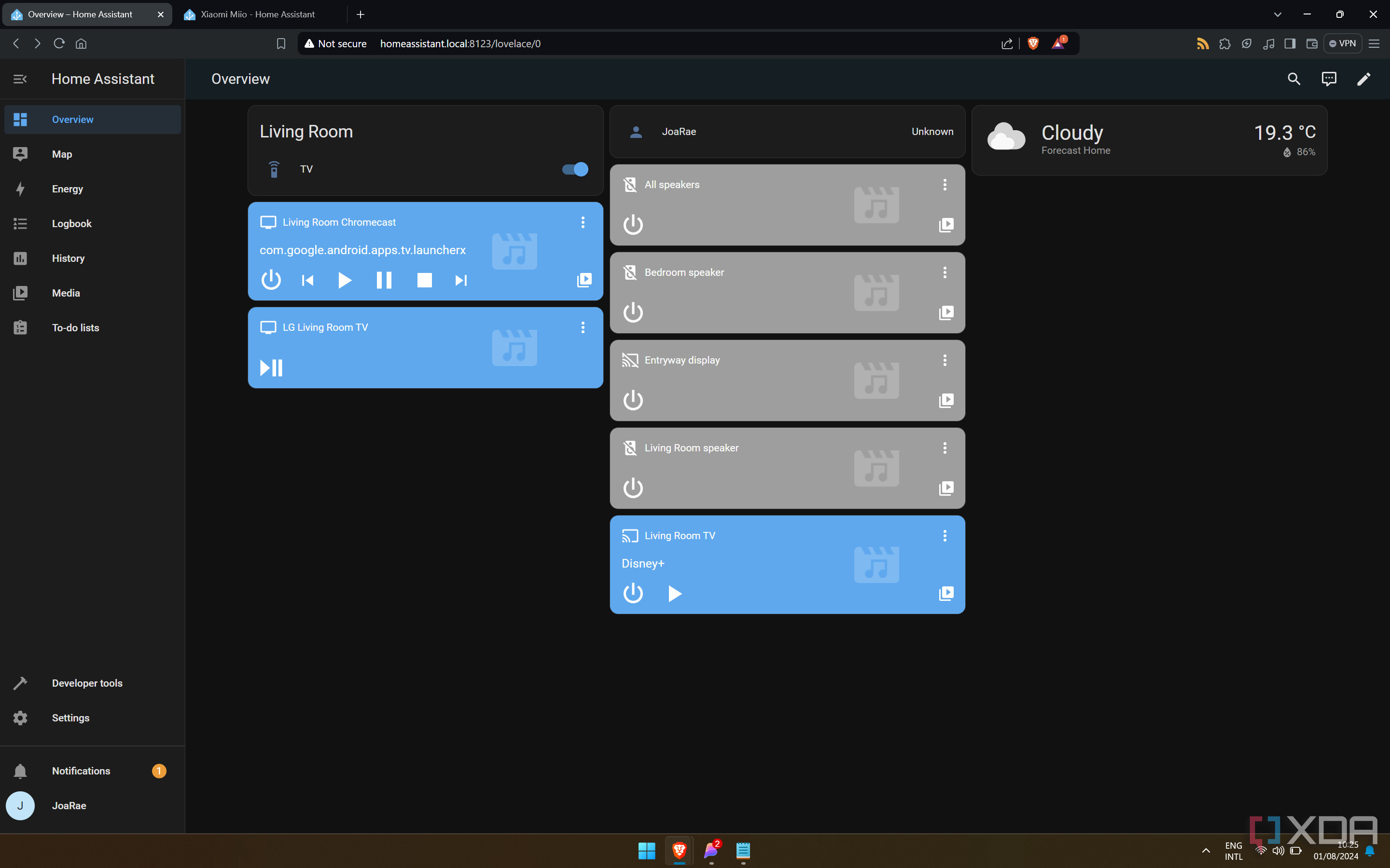 Screenshot of the Home Assistant dashboard on the web client