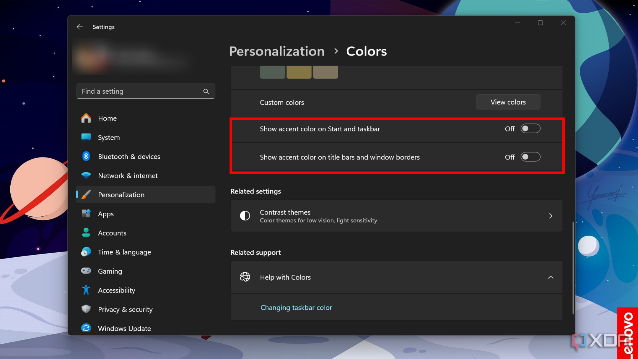 Captura de pantalla que muestra la página Colores en la aplicación Configuración de Windows