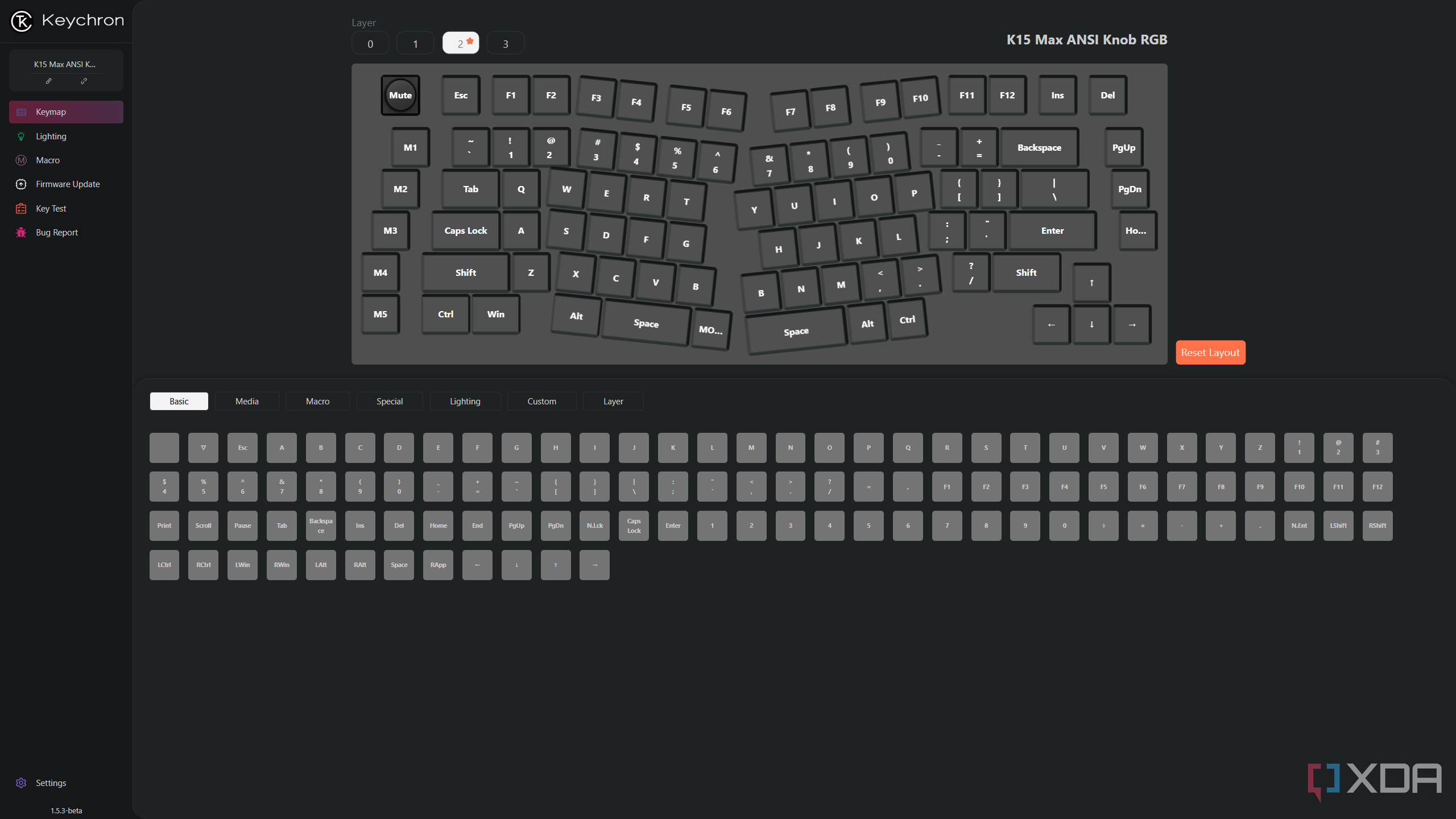 Captura de pantalla de Keychron Launcher que muestra la configuración de reasignación para K15 Max