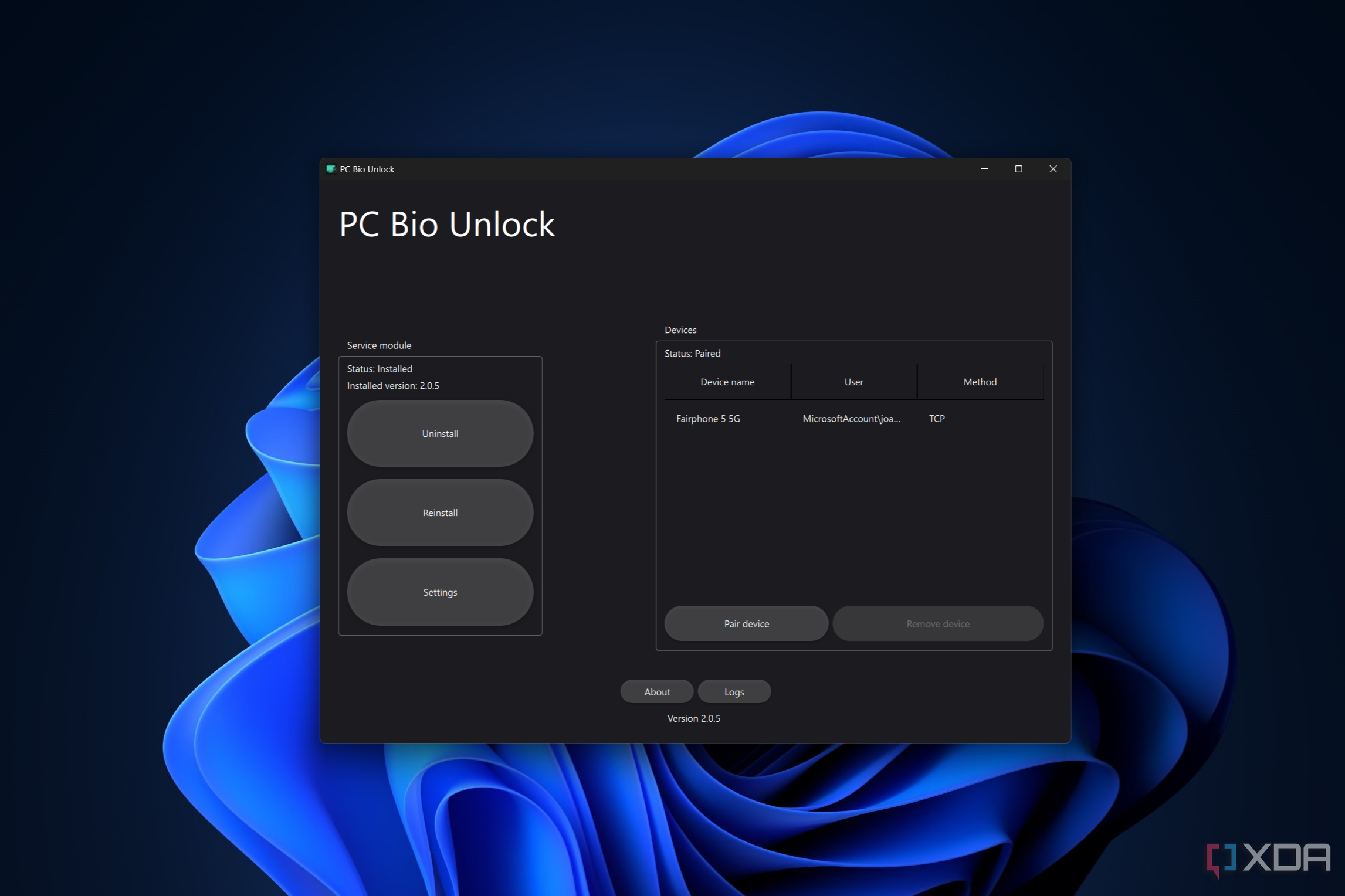 Captura de pantalla de PC Bio Unlock en una PC con Windows 11