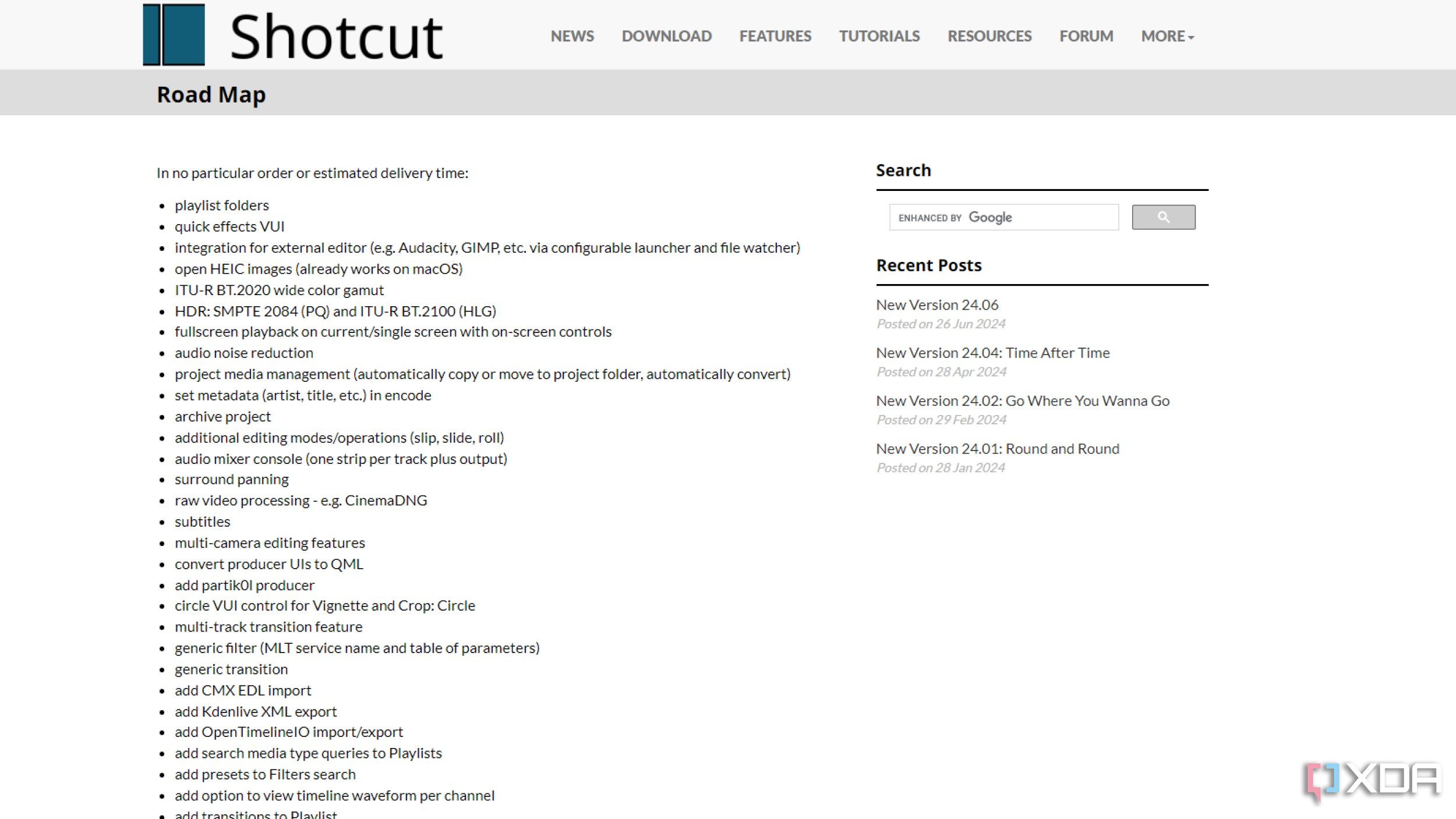 Screenshot of the Shotcut website with the development roadmap