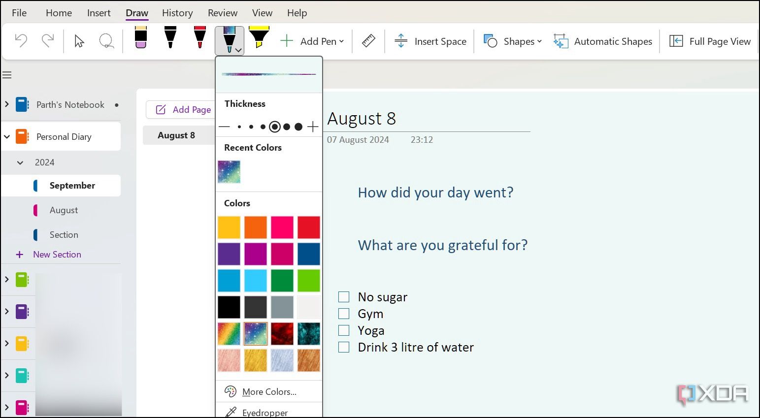 OneNote Drawing Menu