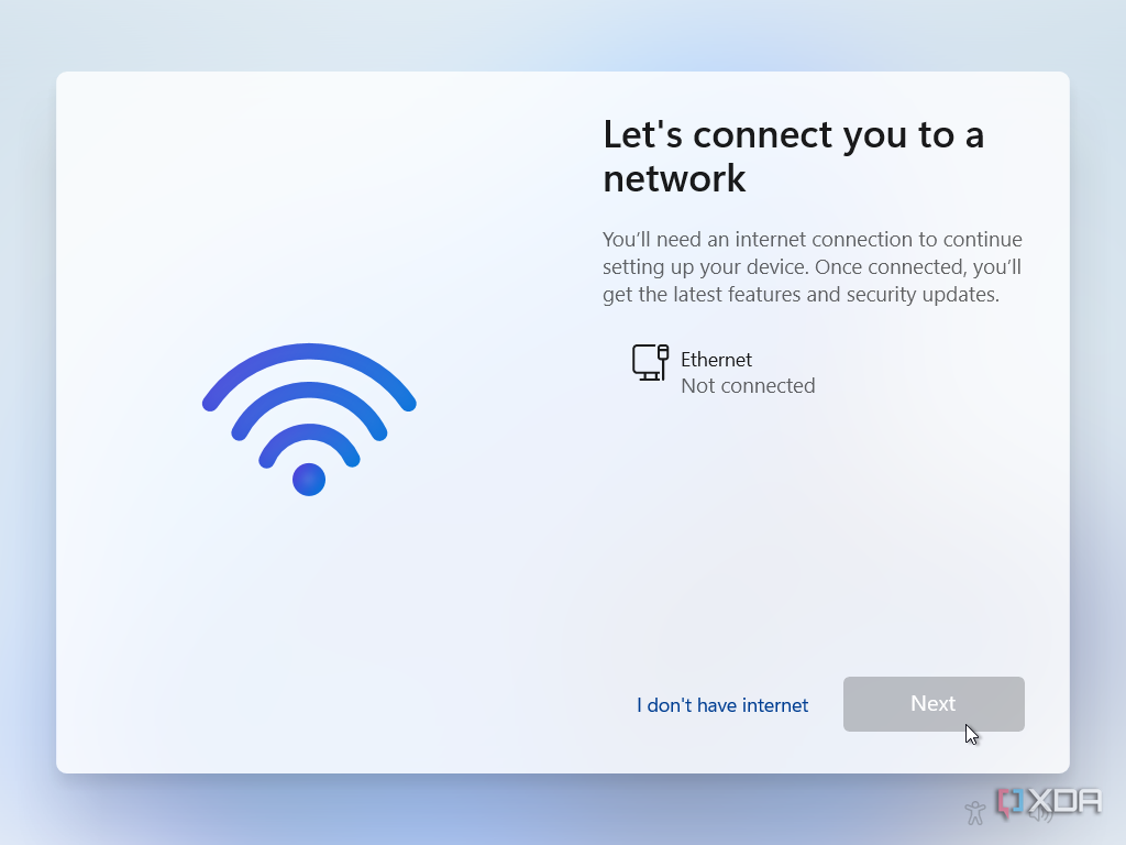 Captura de pantalla de la OOBE de Windows 11 en la página de red con la opción de omitir la conexión a Internet