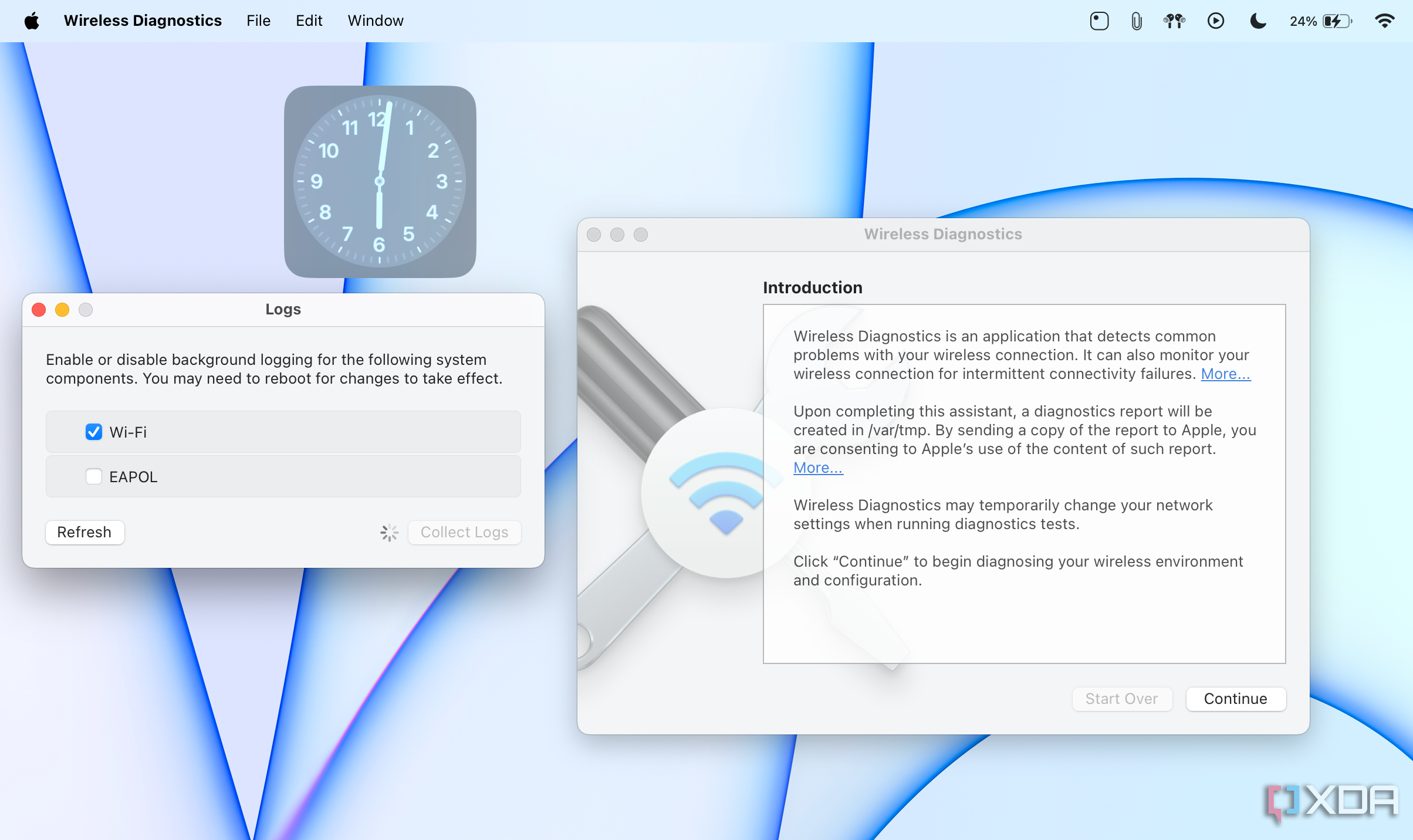 Registro de Wi-Fi en la aplicación Diagnóstico inalámbrico de macOS.