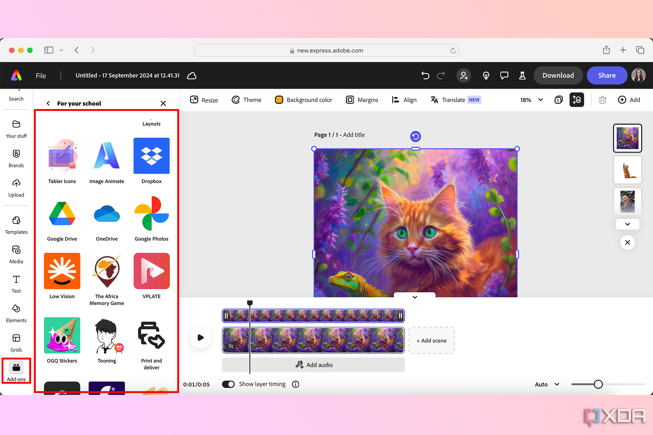 Pestaña Complementos en Adobe Express que muestra docenas de aplicaciones, el lienzo tiene una imagen de un gato sobre un fondo morado