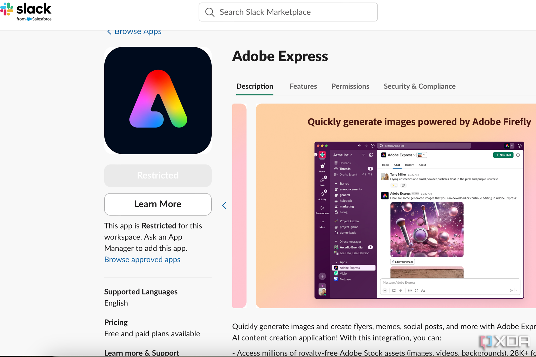 Página de Slack Marketplace con la aplicación de integración Adobe Express