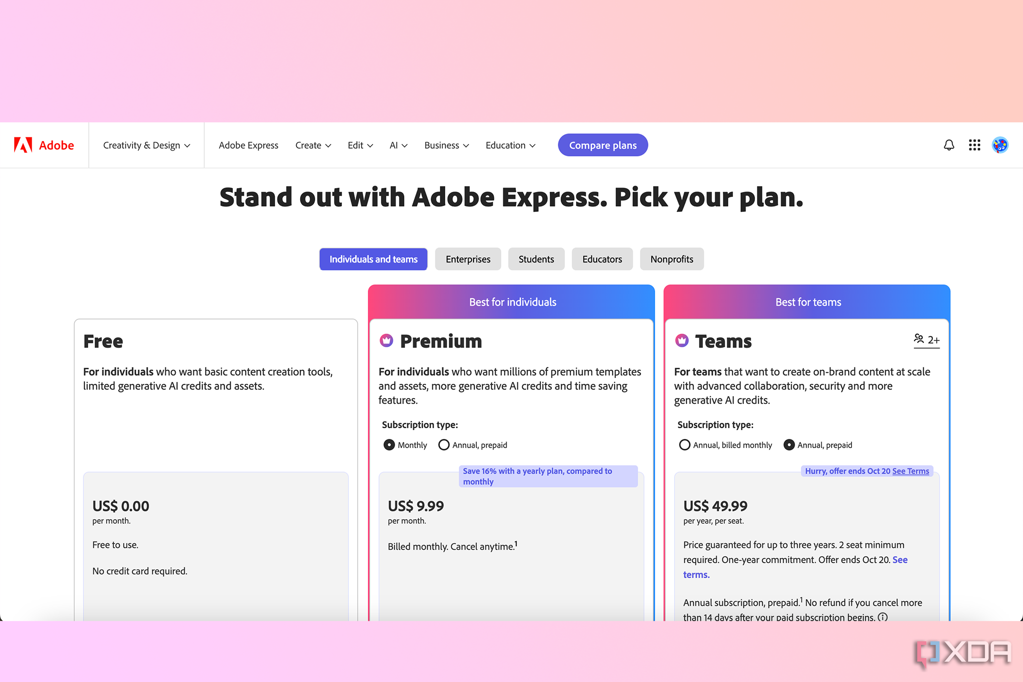 Opciones de precios de Adobe Express que incluyen gratis, Premium y Teams.