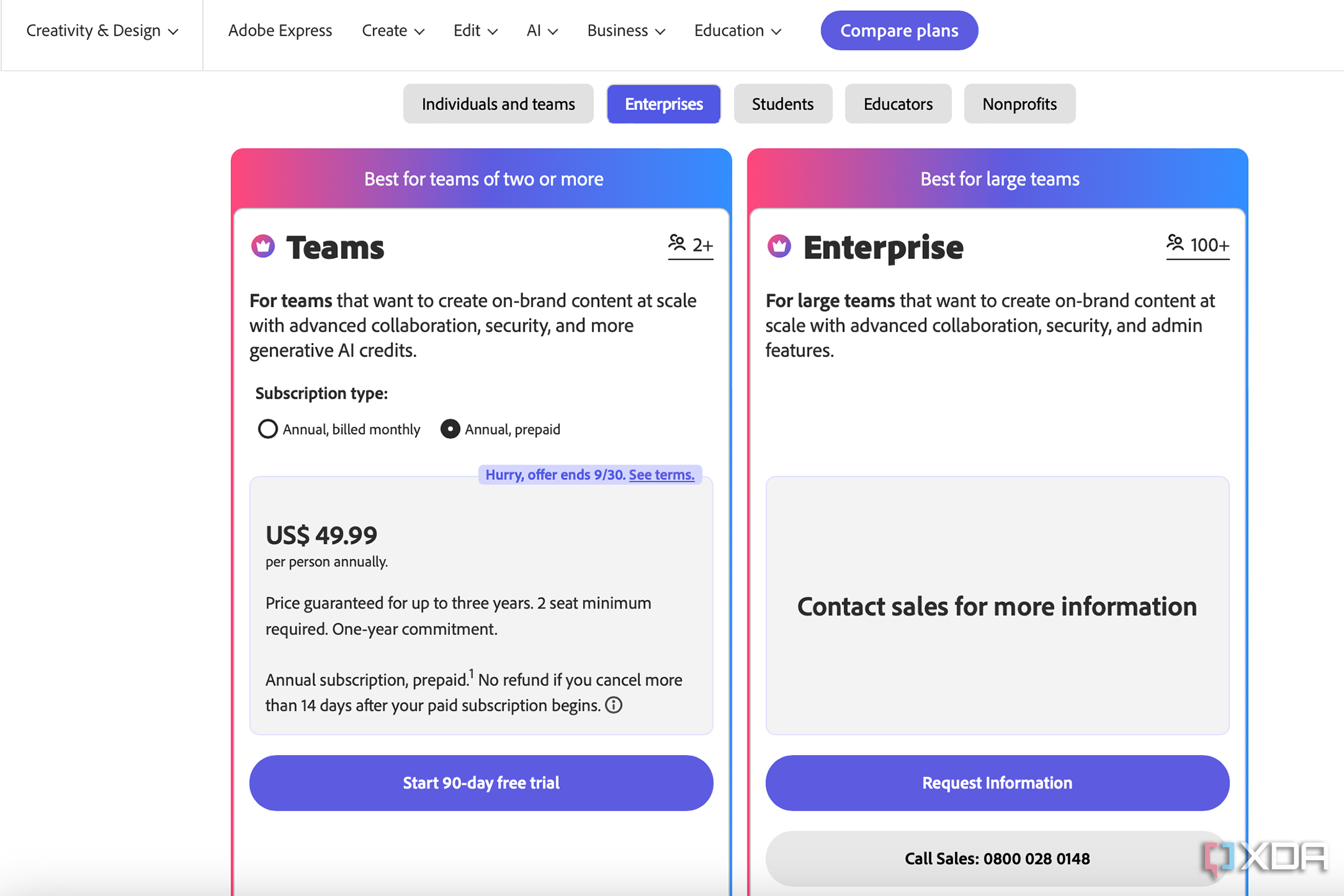 Página de precios que compara Adobe Express Teams o la versión Enterprise