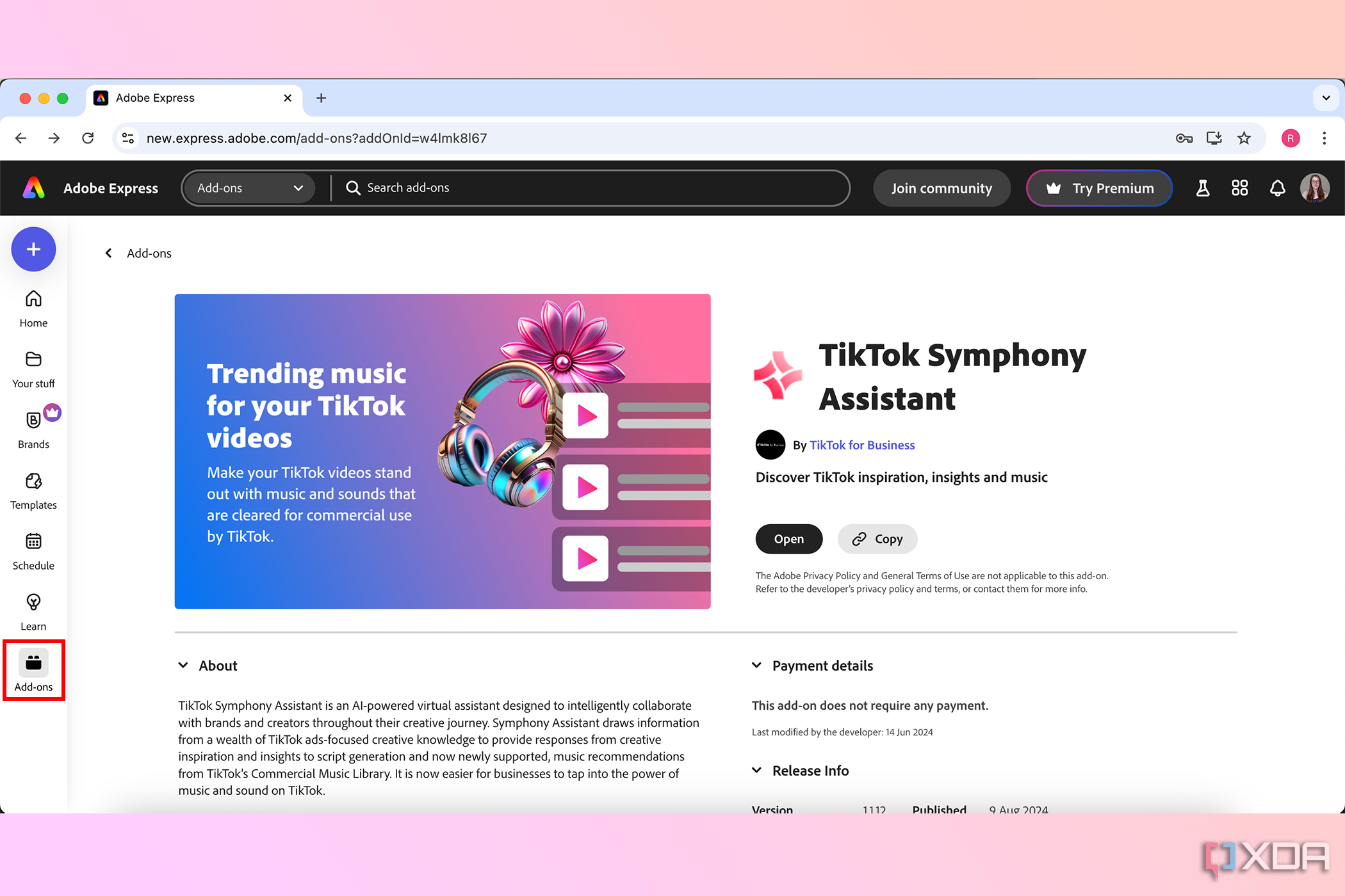 Página de complementos de Adobe Express para TikTok Symphony Assistant