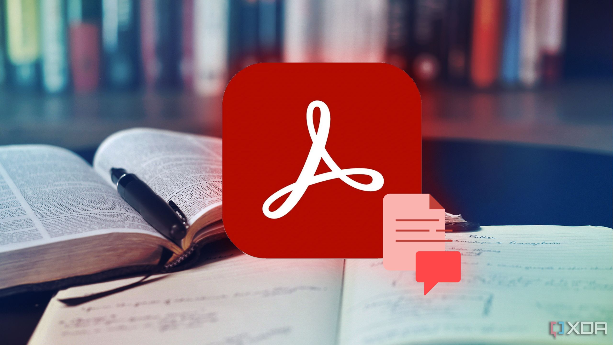 Logotipo de Adobe Acrobat en primer plano, con libros en el fondo