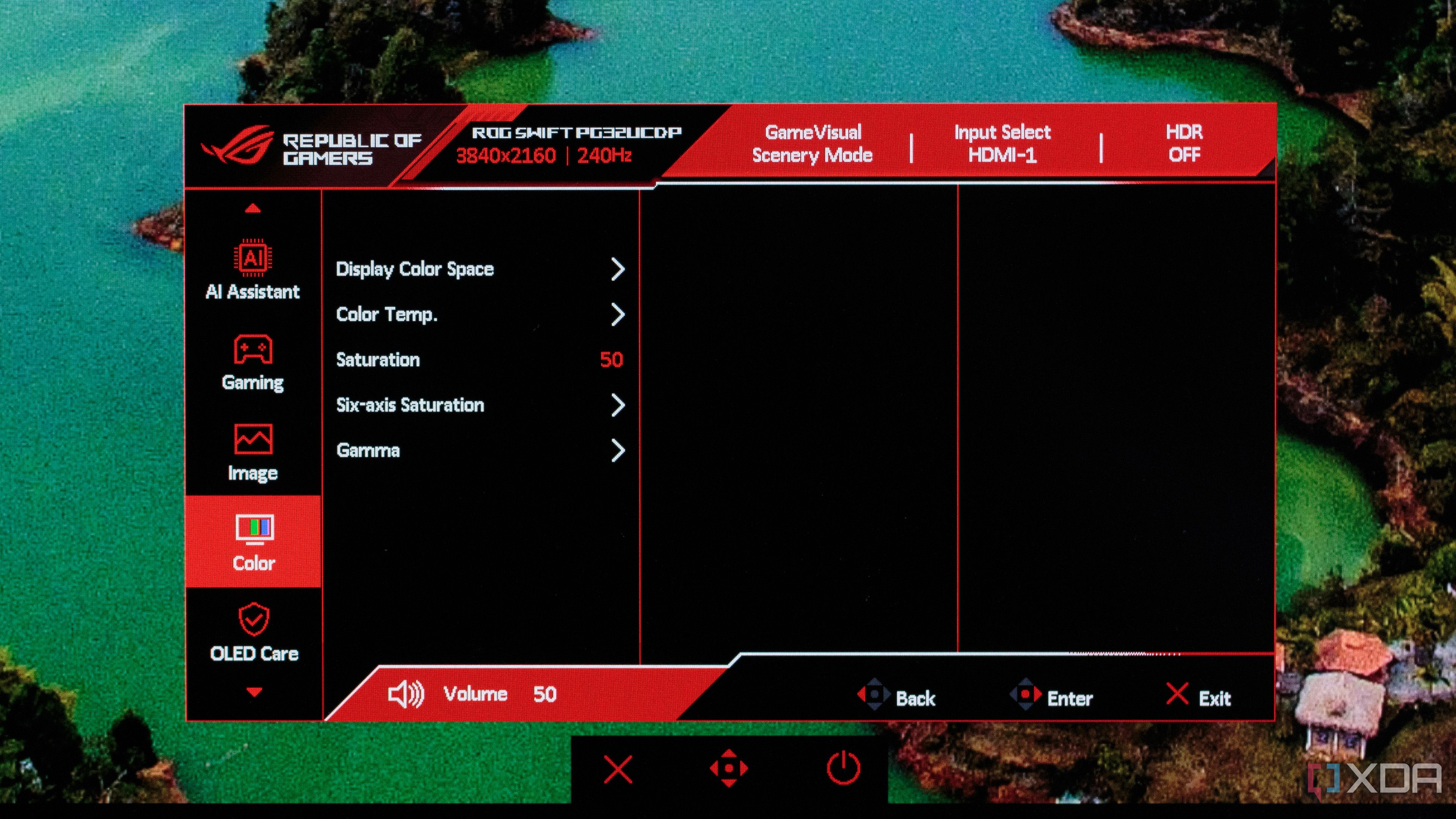 The color tuning menu settings on the ASUS ROG PG32UCDP.