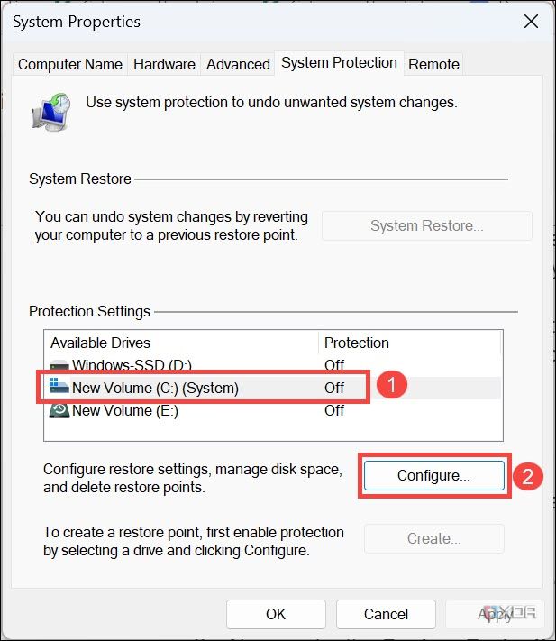 Captura de pantalla del botón Configurar protección del sistema