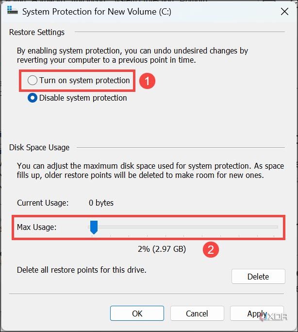 Captura de pantalla de la configuración de los ajustes de Protección del sistema