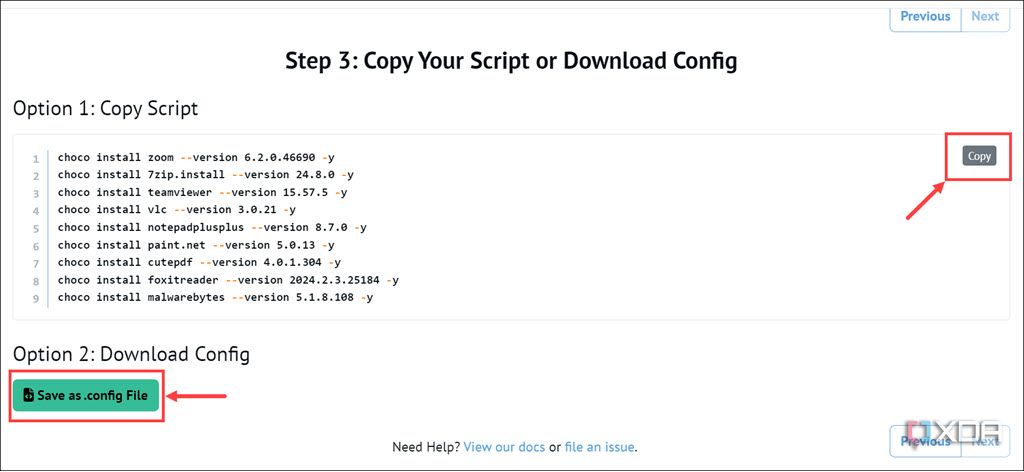 Copia el script de instalación de aplicaciones o guarda el archivo de configuración