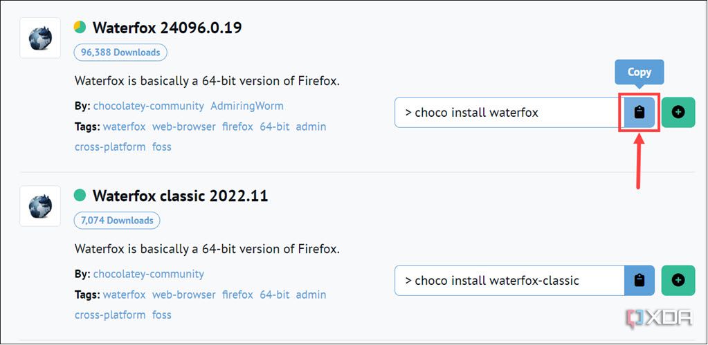 Copiar la sintaxis de instalación de Waterfox