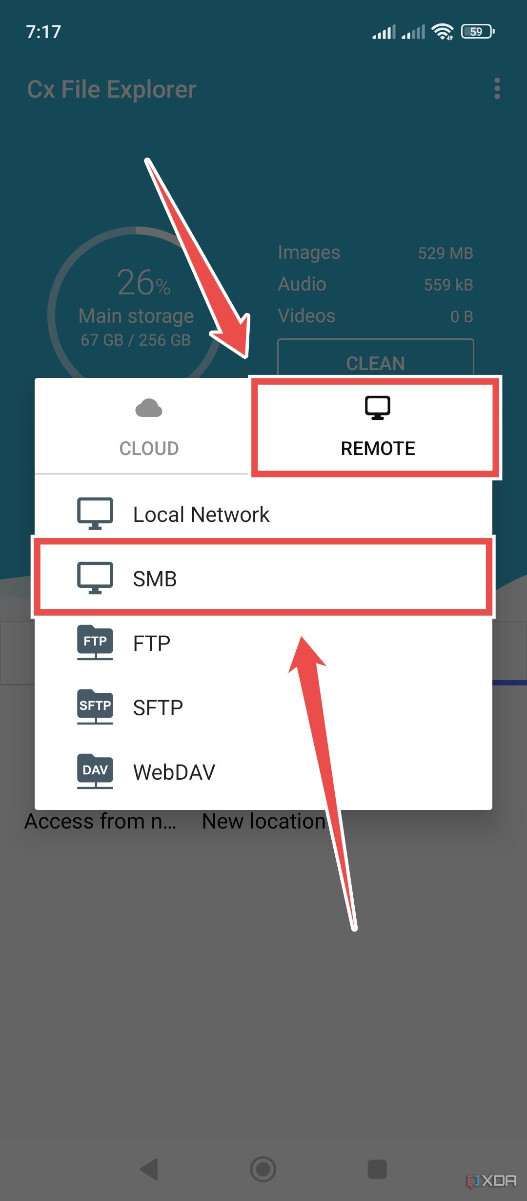 Seleccionar la opción SMB dentro de Cx File Explorer