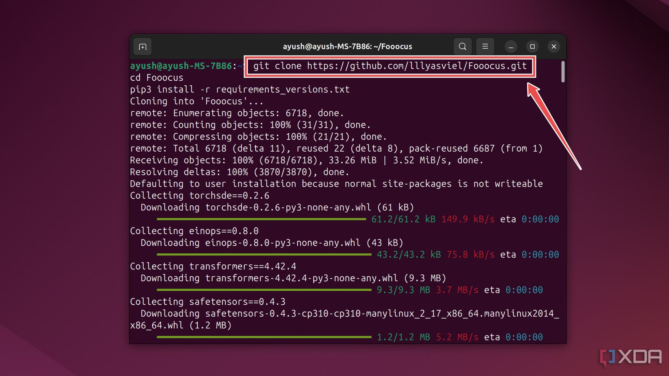 Clonación del repositorio de Fooocus dentro de la terminal de Ubuntu