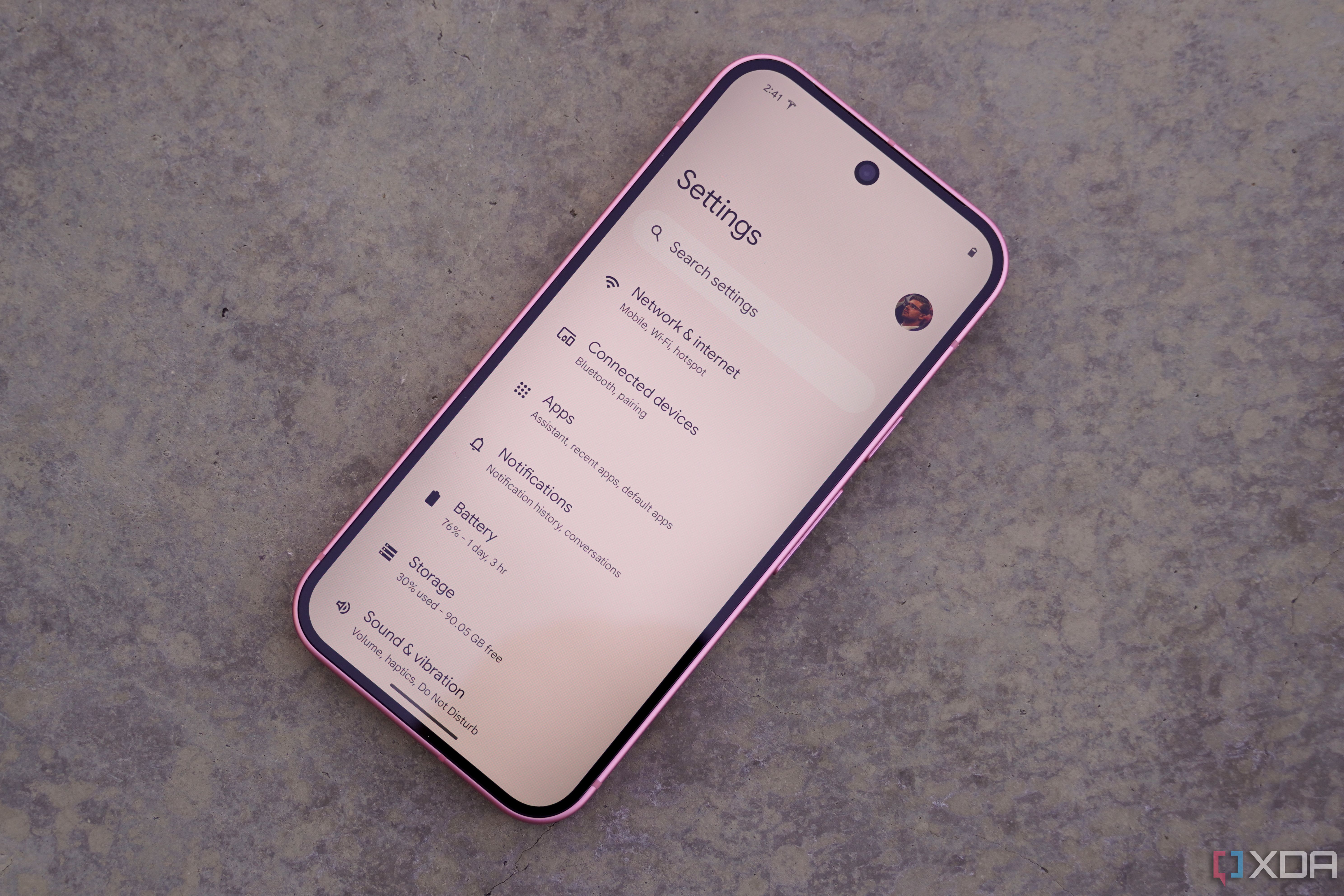 The settings app on the Google Pixel 9.