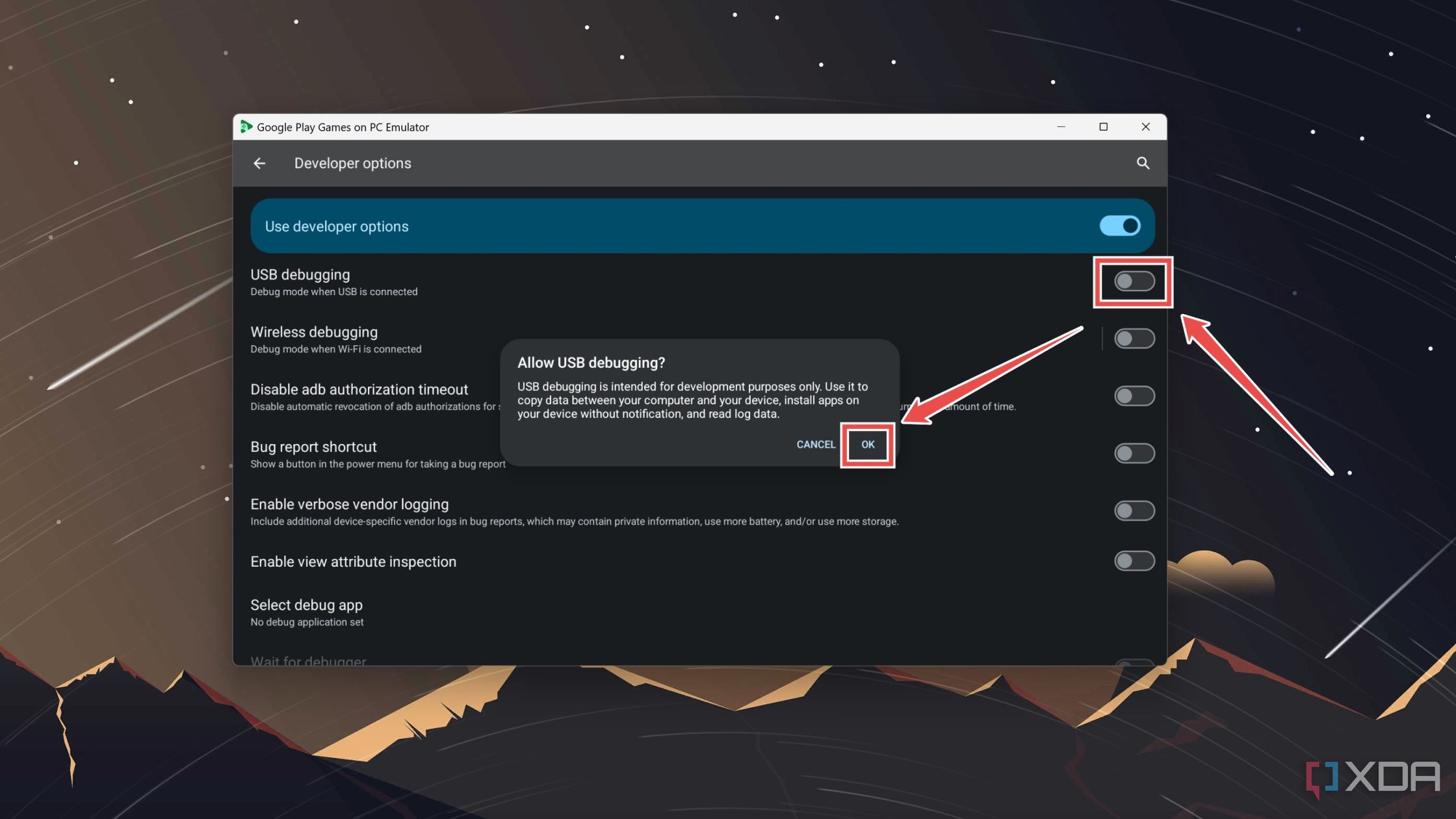 Enabling USB Debugging inside the Settings app of the Google Play Games Emulator