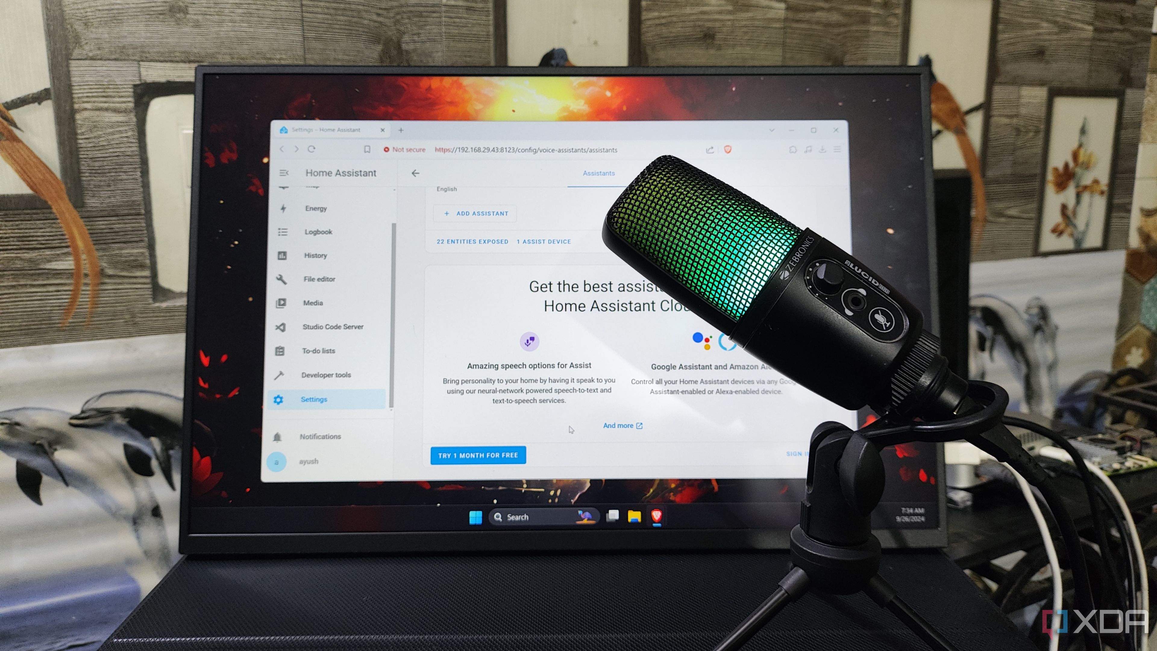 A microphone kept in front of a monitor running the Home Assistant UI